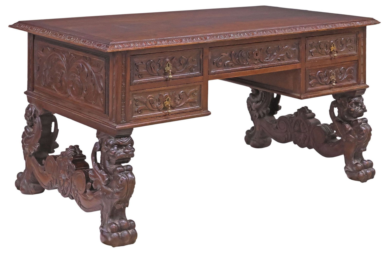 SPANISH RENAISSANCE REVIVAL CARVED WALNUT WRITING DESK (1 of 7)