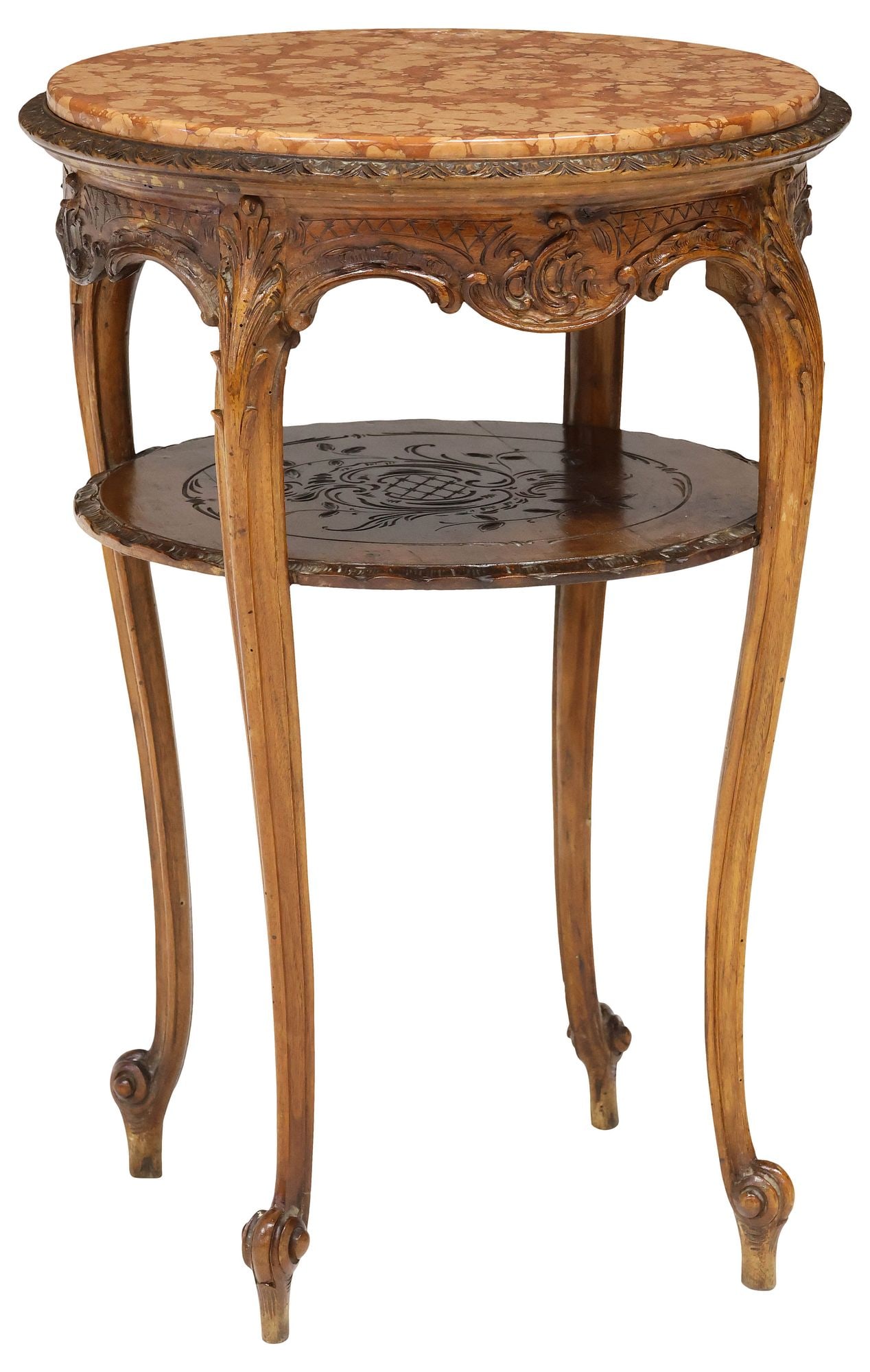 FRENCH ROCOCO STYLE MARBLE-TOP CARVED WALNUT SIDE TABLE (1 of 4)