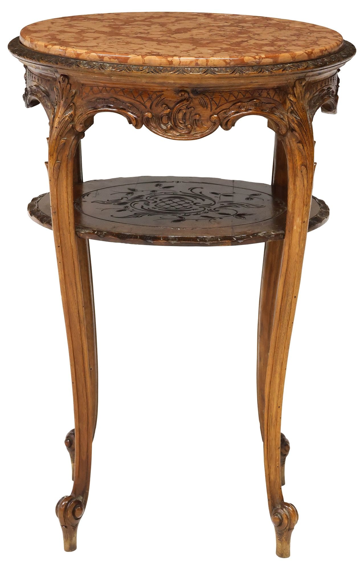FRENCH ROCOCO STYLE MARBLE-TOP CARVED WALNUT SIDE TABLE - 2