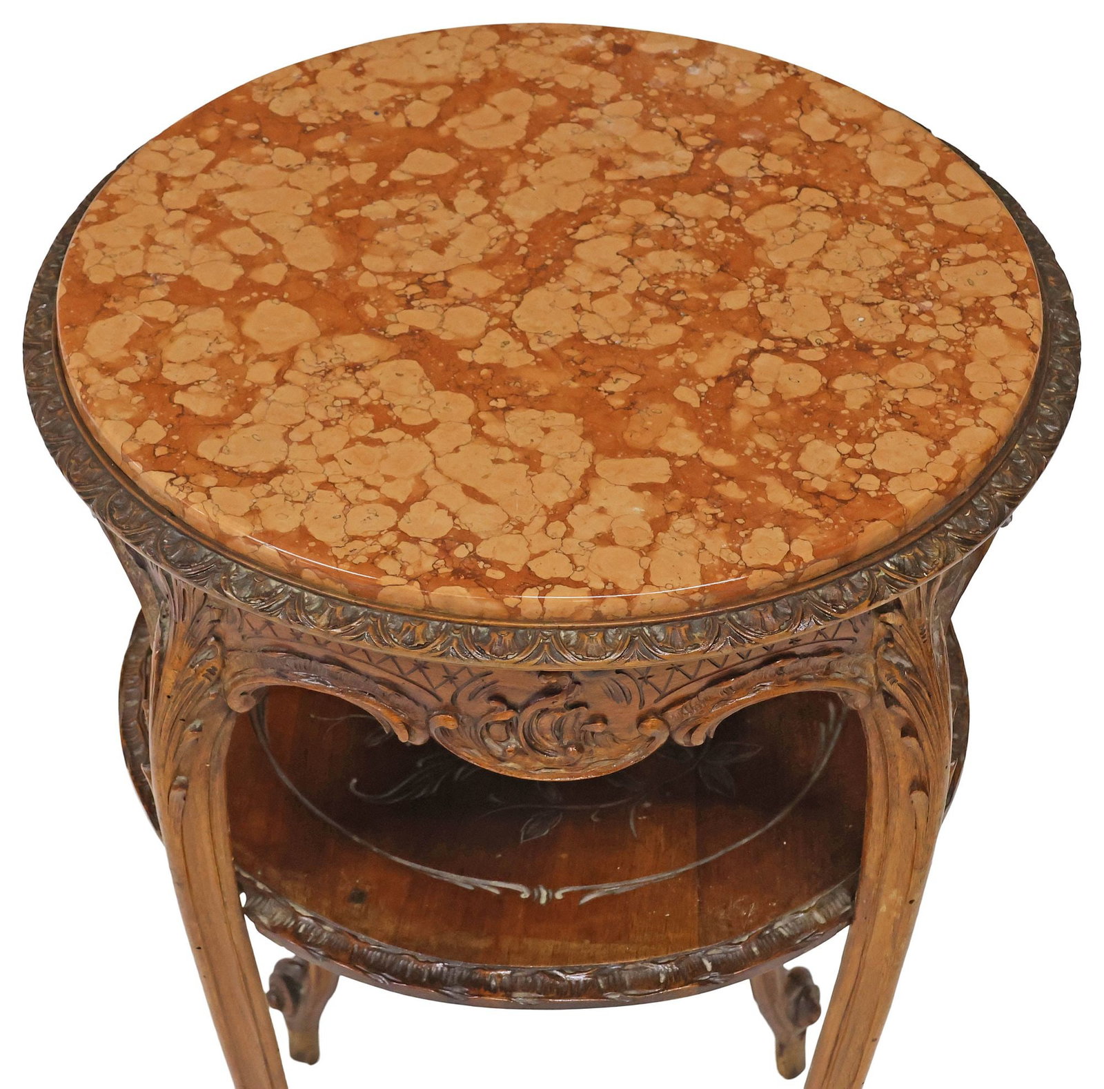 FRENCH ROCOCO STYLE MARBLE-TOP CARVED WALNUT SIDE TABLE - 3