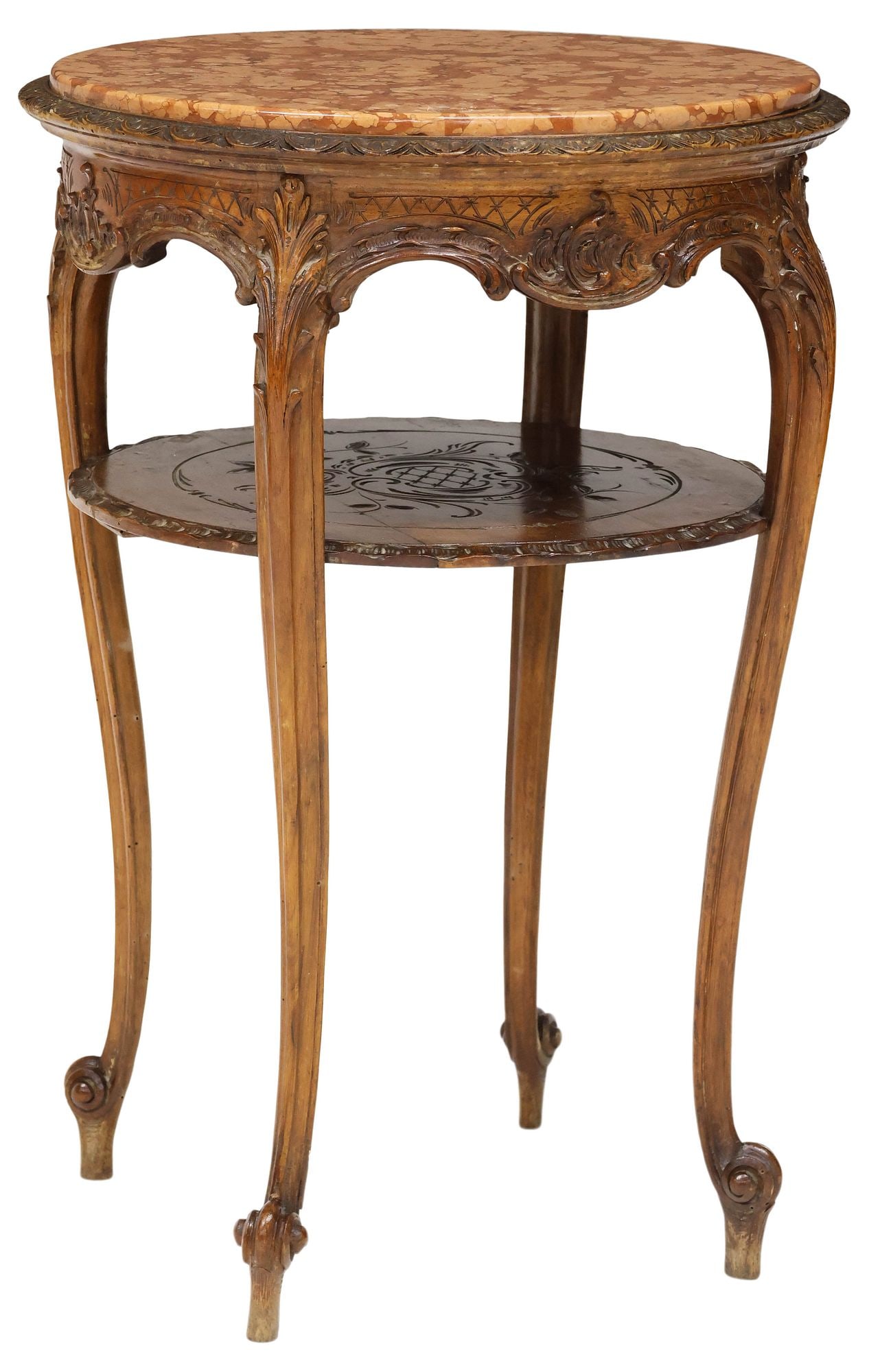 FRENCH ROCOCO STYLE MARBLE-TOP CARVED WALNUT SIDE TABLE - 4