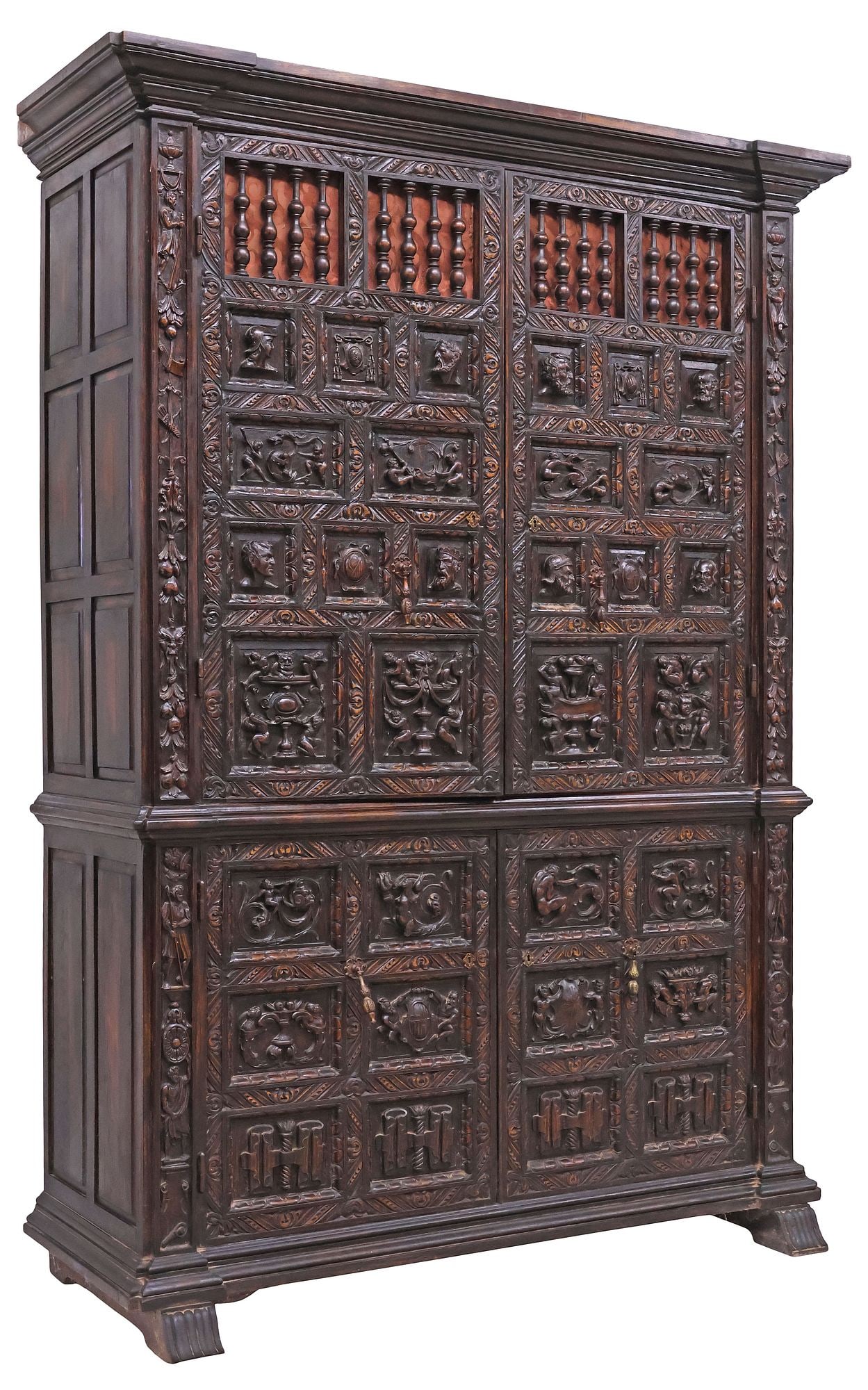SPANISH RENAISSANCE REVIVAL CARVED & FITTED OAK WARDROBE, 92"H (1 of 8)