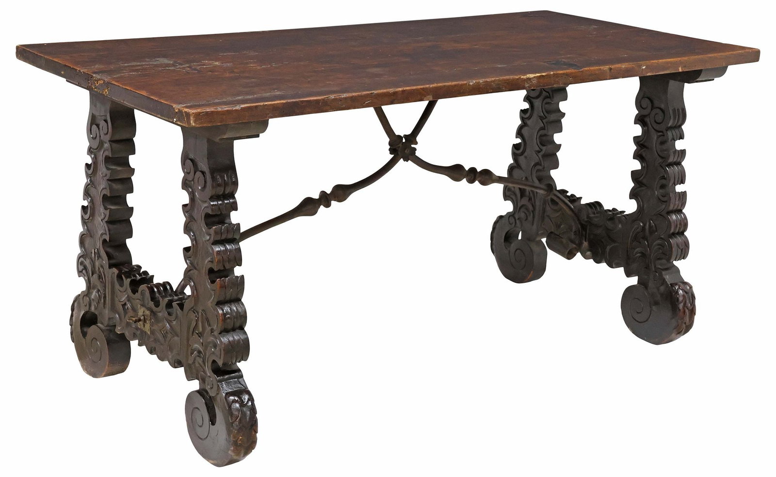 SPANISH BAROQUE STYLE SINGLE-BOARD TOP OAK TRESTLE DINING TABLE (1 of 5)