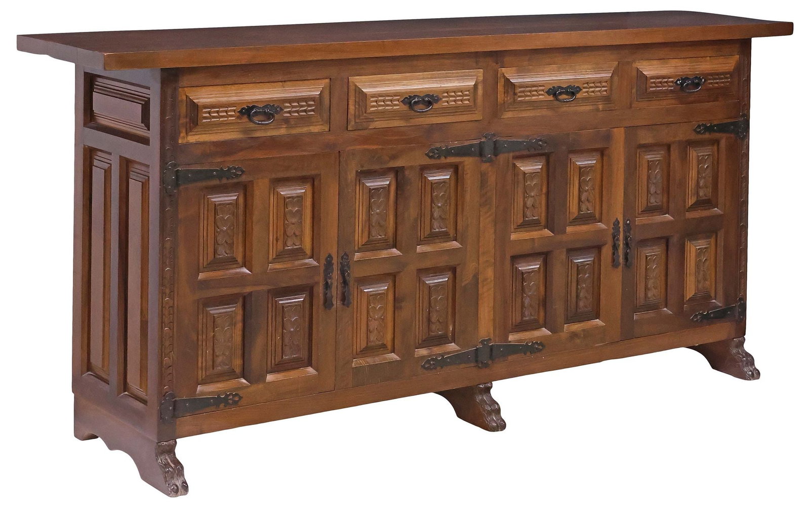 SPANISH BAROQUE STYLE PANELED WALNUT SIDEBOARD CABINET, 79"L (1 of 6)