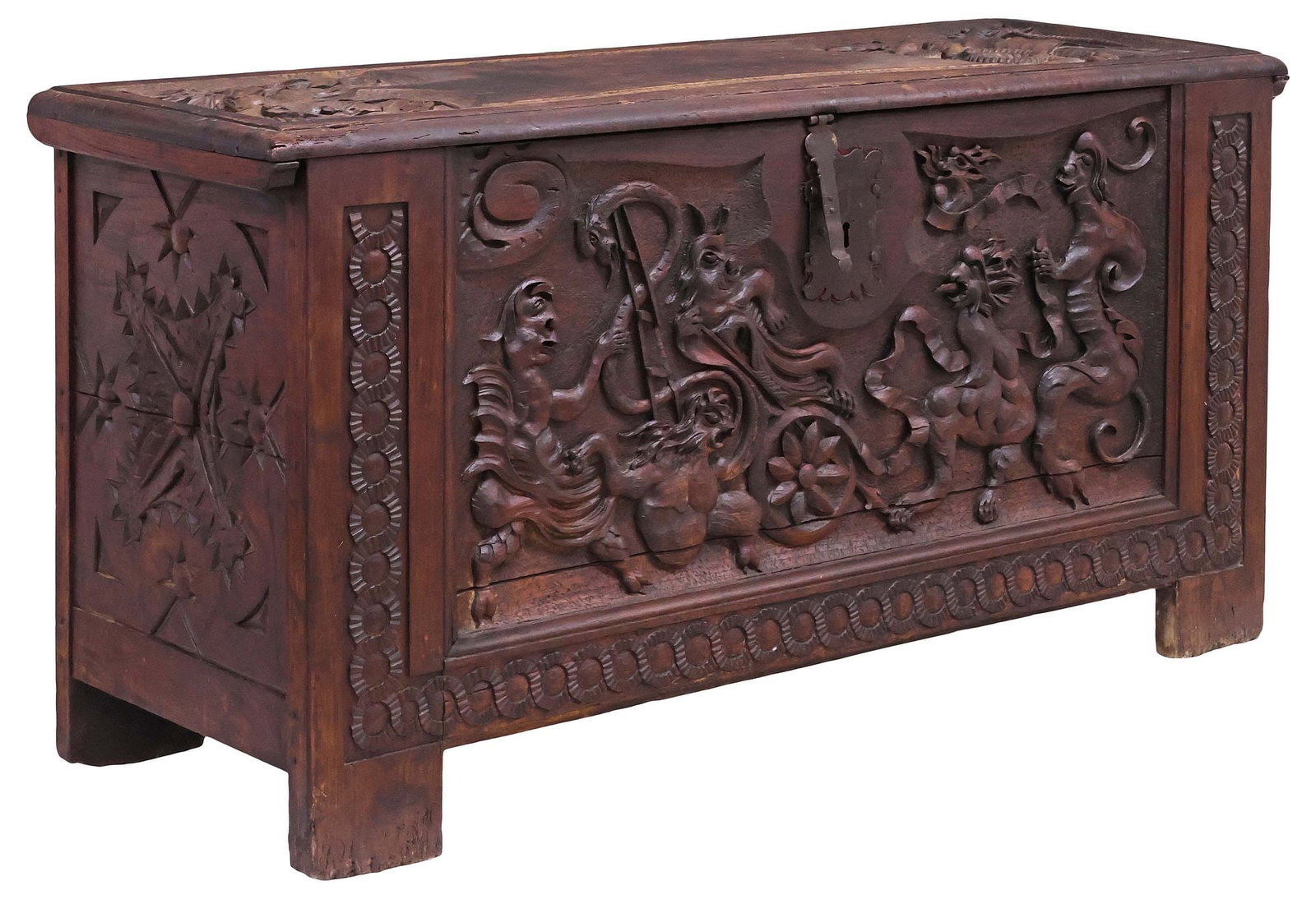 SPANISH RENAISSANCE REVIVAL CARVED WALNUT FIGURAL STORAGE CHEST: Large Spanish Renaissance Revival walnut coffer/ storage trunk, 19th c., hinged lid on iron strap hinges with carved scrolling beasts, revealing open interior with side till, front facade with elabora