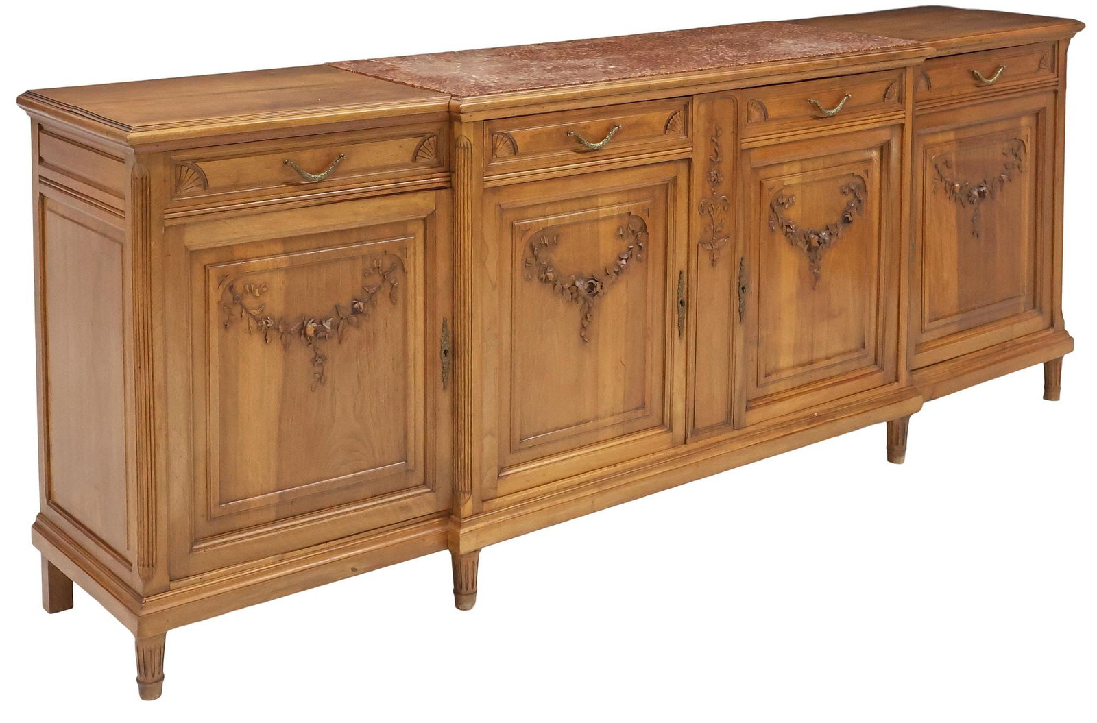 LOUIS XVI STYLE MARBLE-INSET CARVED WALNUT BREAKFRONT SIDEBOARD (1 of 6)