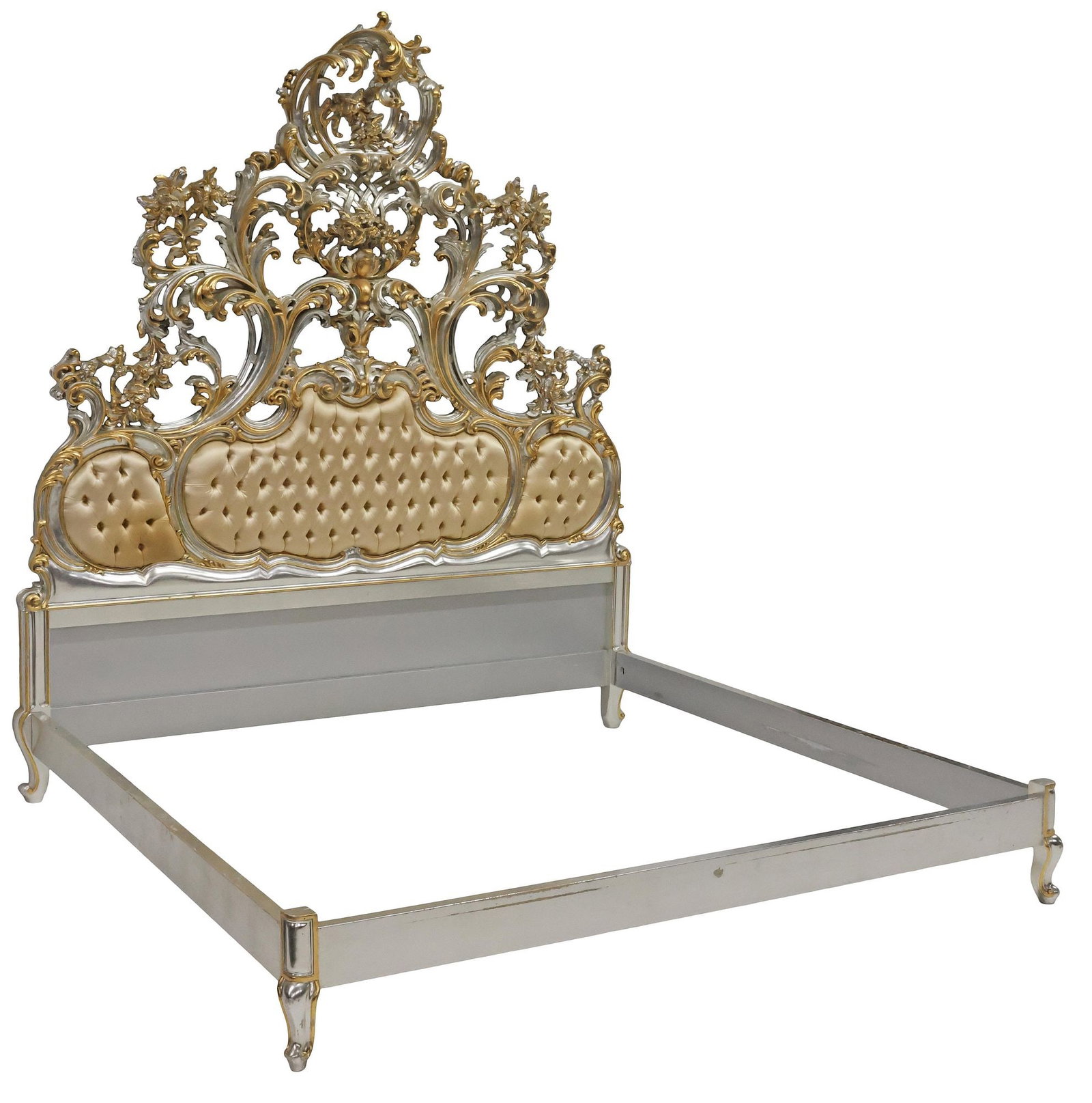 EXCEPTIONAL ITALIAN ROCOCO STYLE SILVER-GILT UPHOLSTERED BED, 94"H (1 of 4)