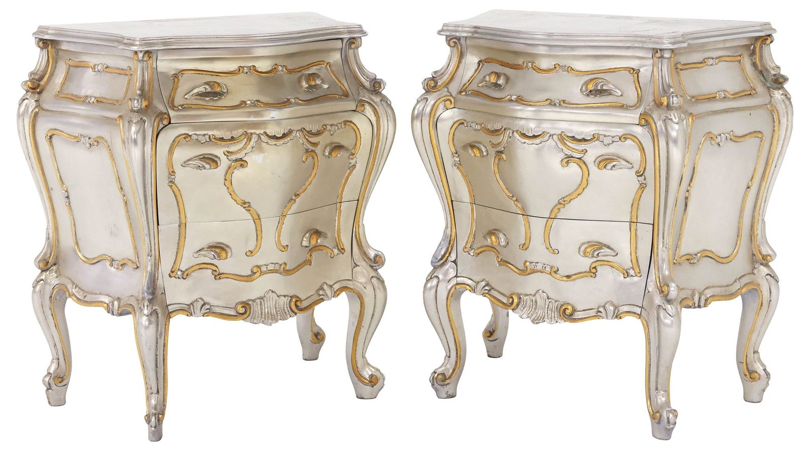 (2) ITALIAN ROCOCO STYLE SILVER-GILT 3-DRAWER NIGHTSTANDS: (pair) Italian Rococo style silver-gilt nightstands, 20th c., each having bombe case with shaped top, three graduated drawers with foliate-form pulls and raised trim, on cabriole legs, ending on whorl