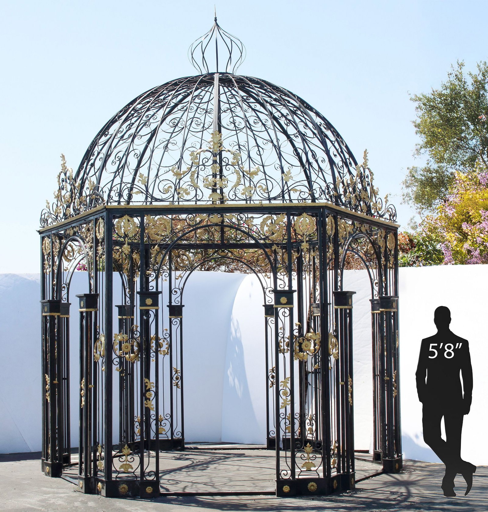 LARGE ARCHITECTURAL PARCEL-GILT WROUGHT IRON GAZEBO, 208"H (1 of 8)