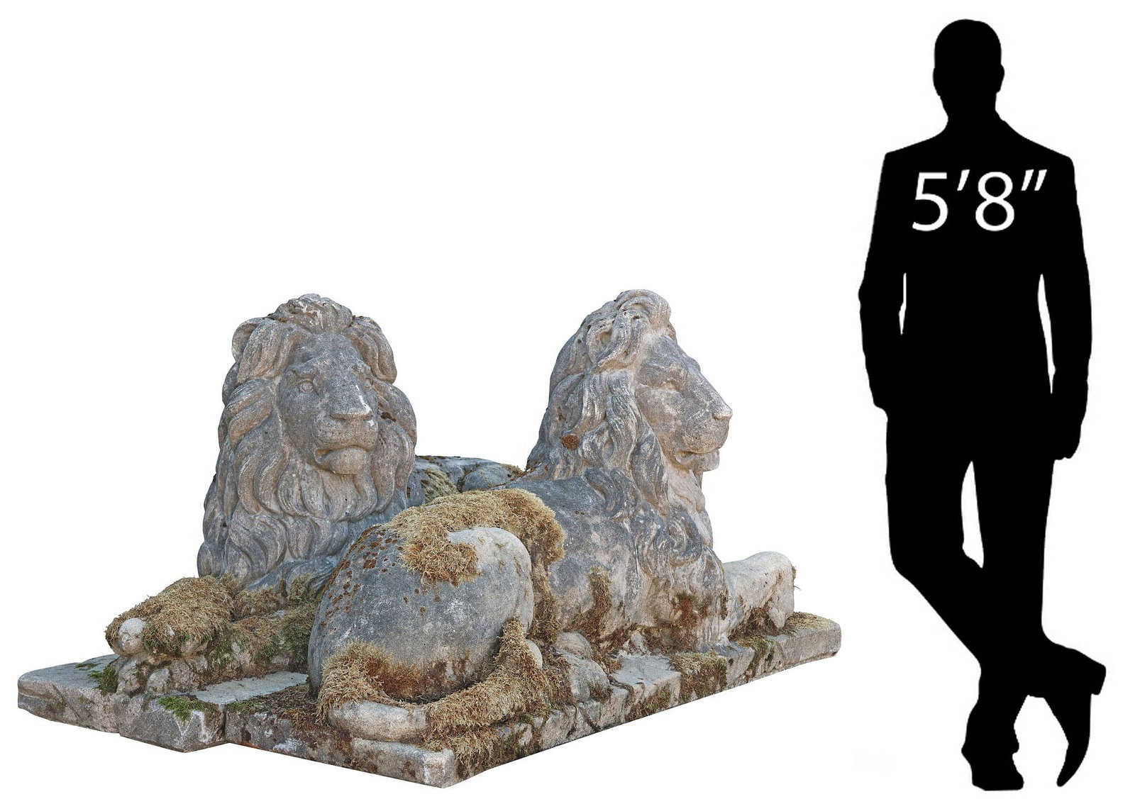 (2) MONUMENTAL CAST STONE GARDEN STATUARY RECUMBENT LIONS, 41"L: (pair) Monumental cast stone garden sculptures, Recumbent Lions, on canted rectangular plinth, approx 28"h, 41"w, 17"d **PLEASE NOTE: All cast stone and garden pieces in this auction ha