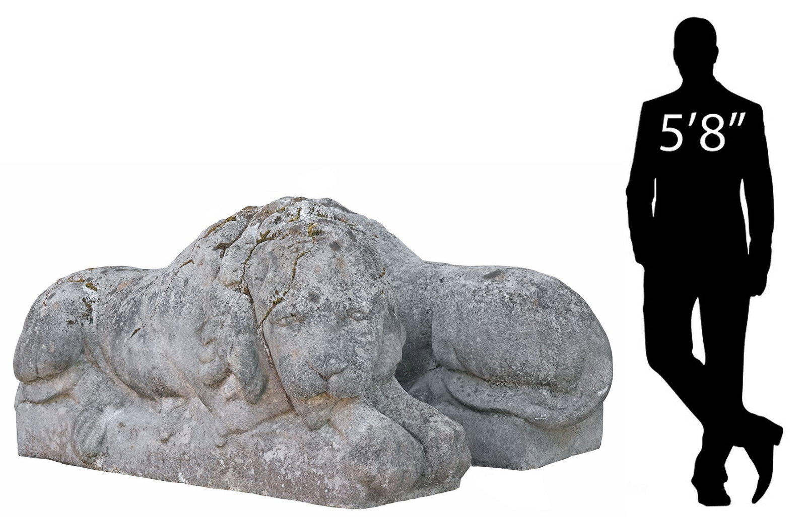 (2) MONUMENTAL CAST STONE GARDEN STATUARY RECUMBENT LIONS, 42"L: (pair) Monumental cast stone garden sculptures, Recumbent Lions, with heads resting on front paws, on rectangular plinth, approx 22"h, 42"w, 17"d **PLEASE NOTE: All cast stone and garde