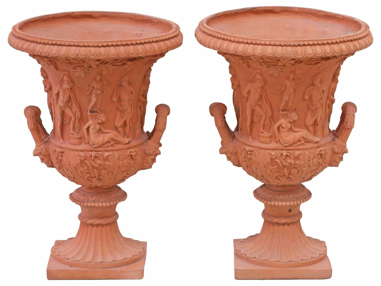 (2) NEOCLASSICAL STYLE PAINTED CAST STONE 'MEDICI' CAMPANA URNS, 20"H: (pair) Neoclassical style cast stone campana-form urns, in a painted terracotta finish, modeled after the ancient Roman "Medici Vase," flared rim with beaded trim, above molded narrative scene of Clas