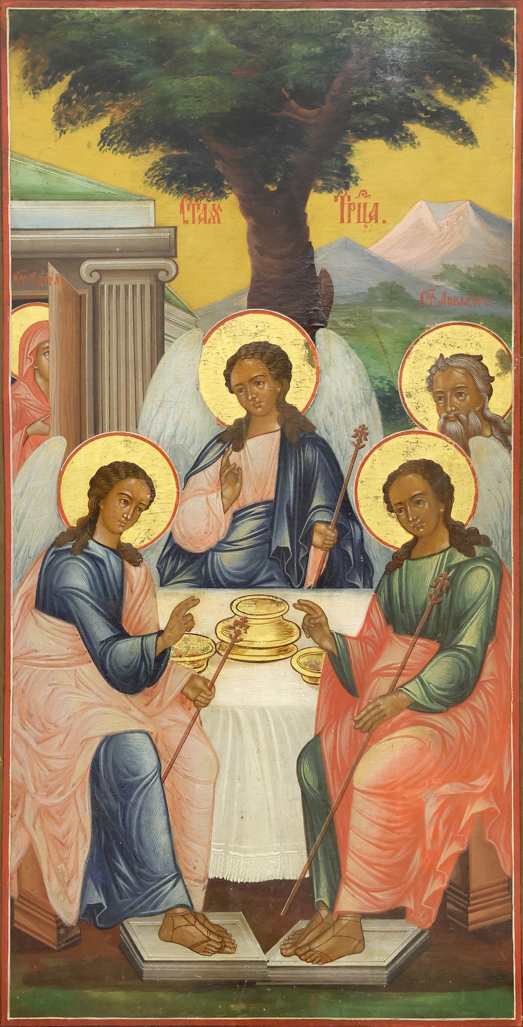 RUSSIAN ORTHODOX PAINTED RELIGIOUS ICON ON PANEL, OLD TESTAMENT TRINITY (1 of 4)
