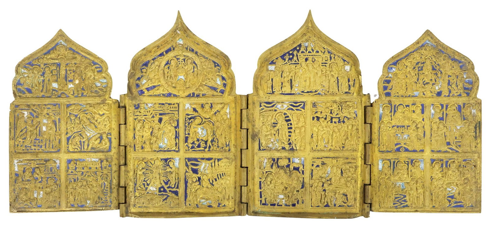 RUSSIAN ORTHODOX ENAMELED BRONZE FOUR-PANEL SKLADEN TRAVEL ICON (1 of 6)