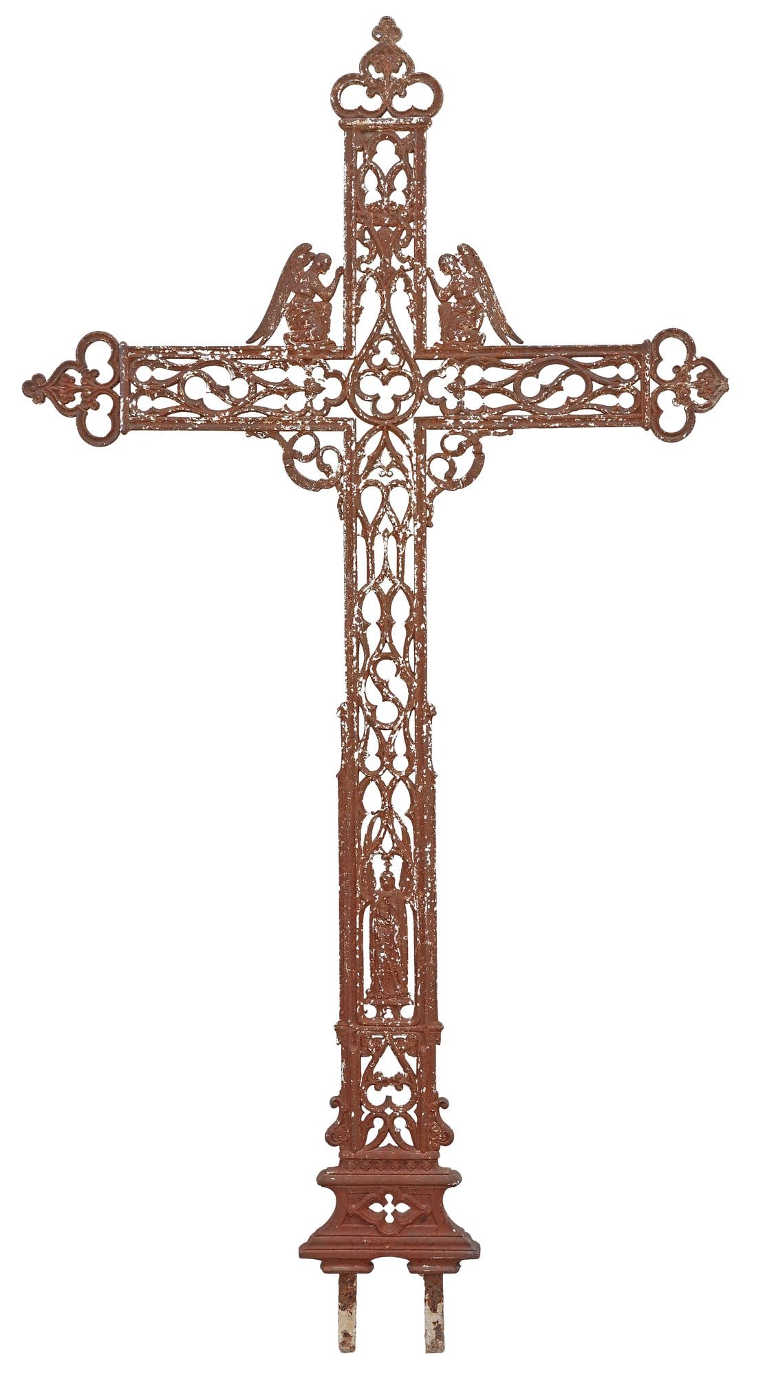 FRENCH CAST IRON CRUCIFIX CROSS, KNEELING ANGELS, 19TH C., 69"H (1 of 3)