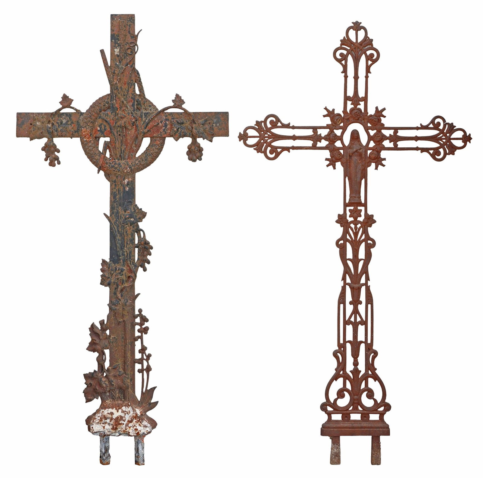 (2) FRENCH CAST IRON CRUCIFIX CROSSES, VIRGIN MARY & GRAPE VINE MOTIFS, 19TH C. (1 of 4)