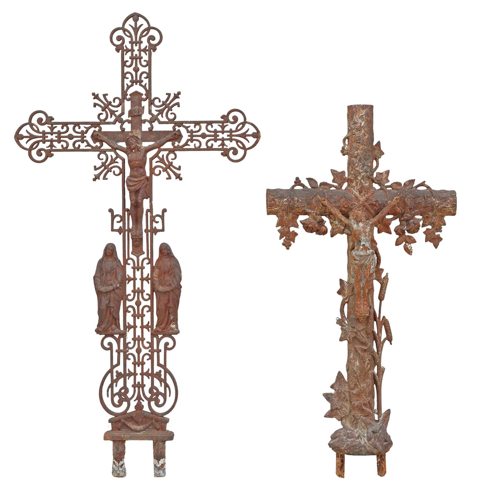 (2) FRENCH CAST IRON CRUCIFIX CROSSES, FAUX BOIS & CORPUS CHRISTI, 19TH C. (1 of 4)