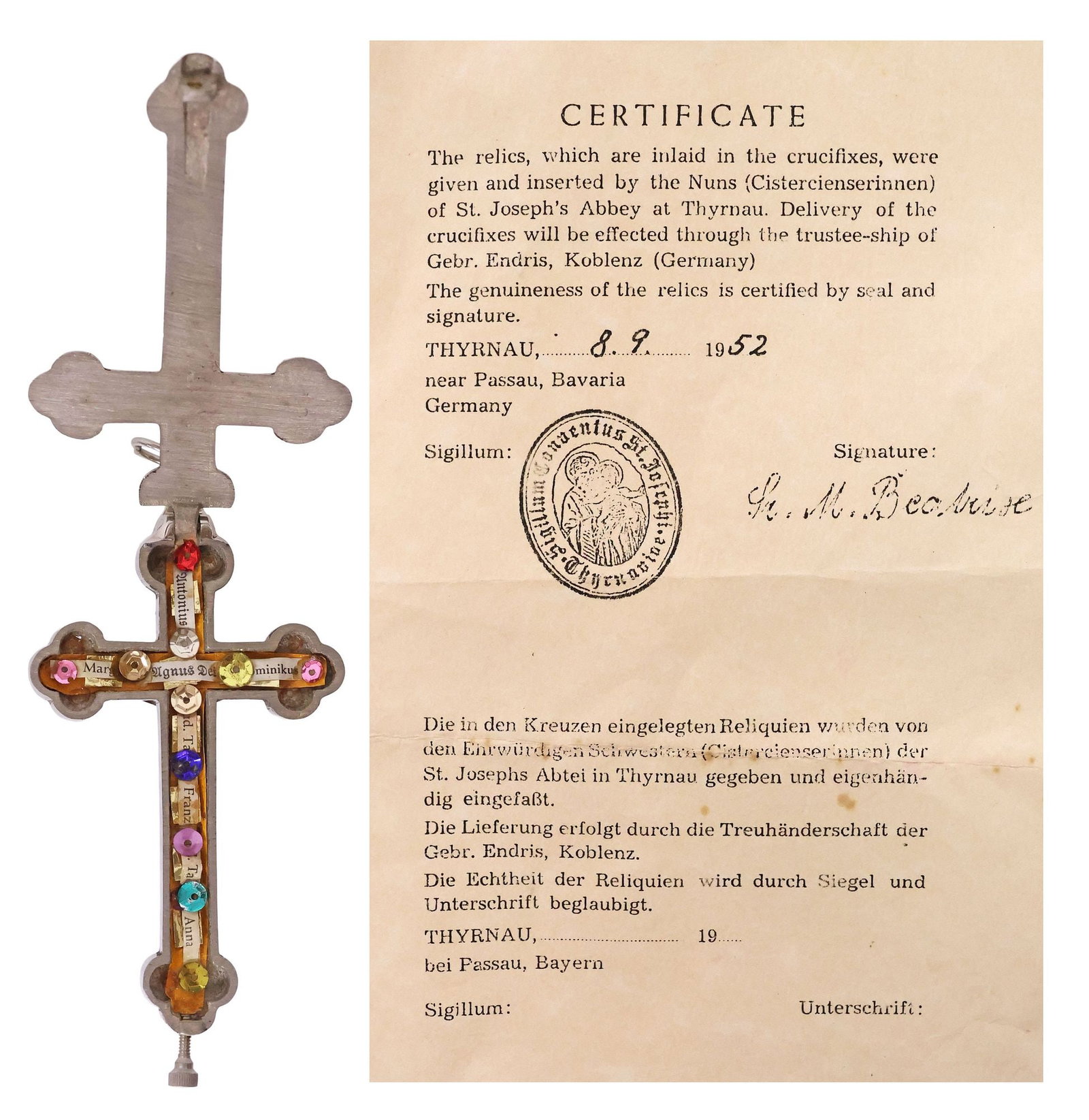 GERMAN PECTORAL RELIQUARY CROSS WITH RELICS OF 7 SAINTS & COPY OF COA: German silver-tone metal pectoral reliquary crucifix, housing relics of (seven) saints, identified by the consignor as Anthony of Padua, Maria Goretti, Dominic, Francis of Assisi, Theresa of Lisieux, 