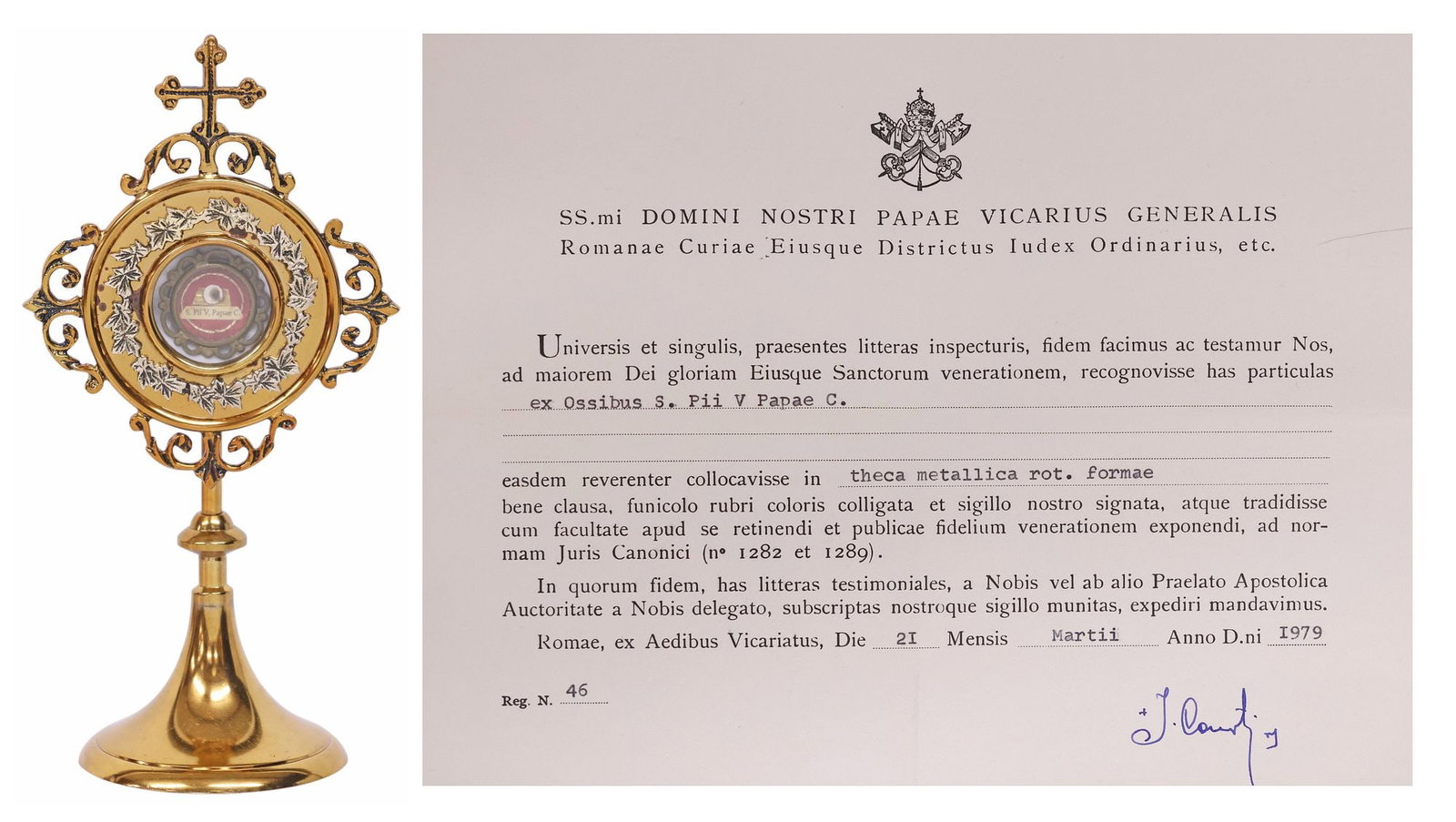 1ST-CLASS RELIC OF POPE PIUS V IN ALTAR RELIQUARY WITH COA: First-class (ex ossibus) relic of Pope Pius V (born Antonio Ghislieri, also known as Michele Ghislieri, Italian, 1504-1572), notable for his role in standardizing the Tridentine Mass with his publicat