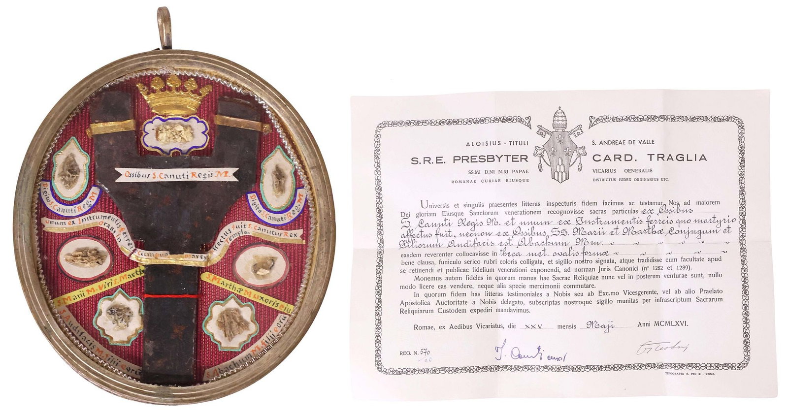 FINE THECA RELIQUARY CONTAINING 1ST-CLASS RELICS OF 6 MARTYR SAINTS WITH COA (1 of 7)