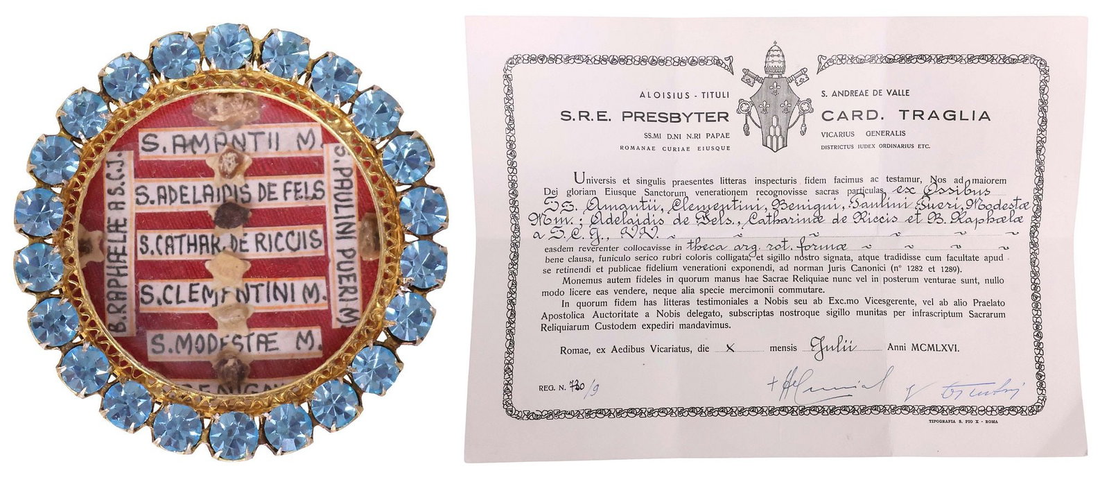 ENCRUSTED THECA RELIQUARY CONTAINING 1ST-CLASS RELICS OF 8 SAINTS WITH COA (1 of 7)