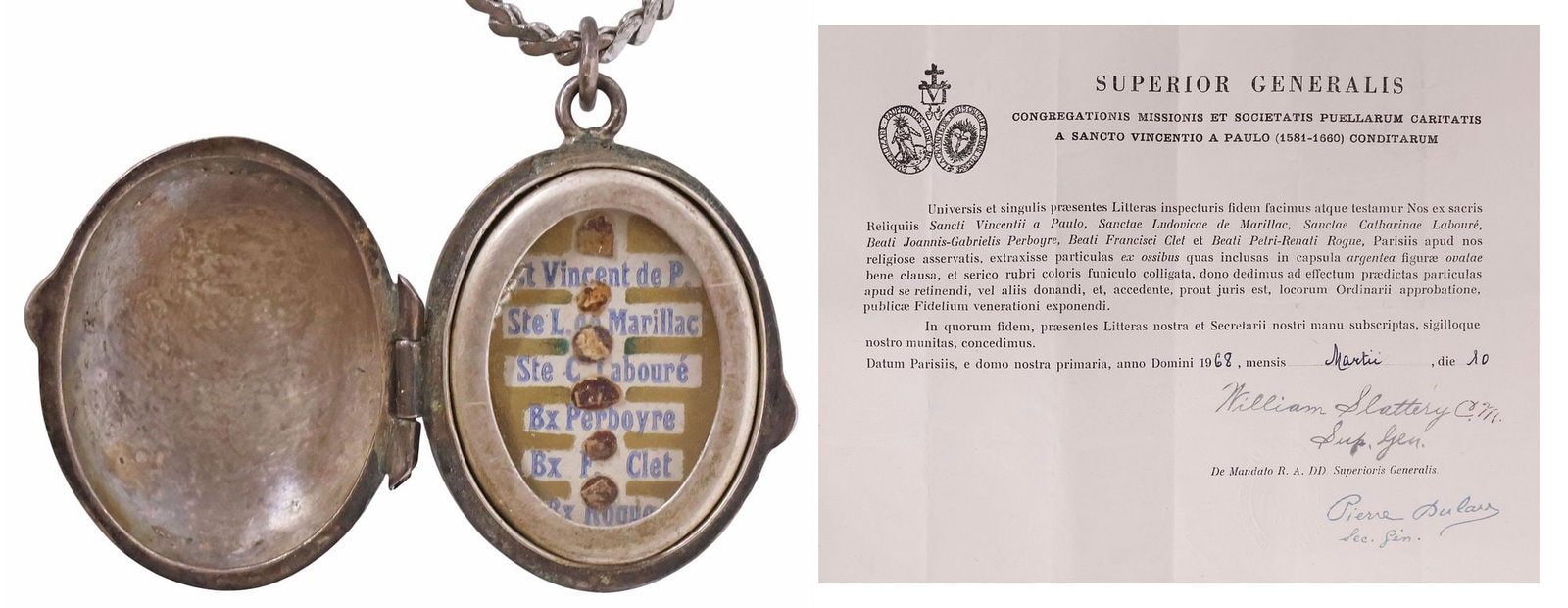 RELIQUARY LOCKET NECKLACE CONTAINING 1ST-CLASS RELICS OF 6 SAINTS WITH COA: Religious silver (content unknown) reliquary locket, housing (six) first-class (ex ossibus) relics of Saints Vincent de Paul, Louise de Marillac, Catherine Laboure, John Gabriel Perboyre, Francis Regi