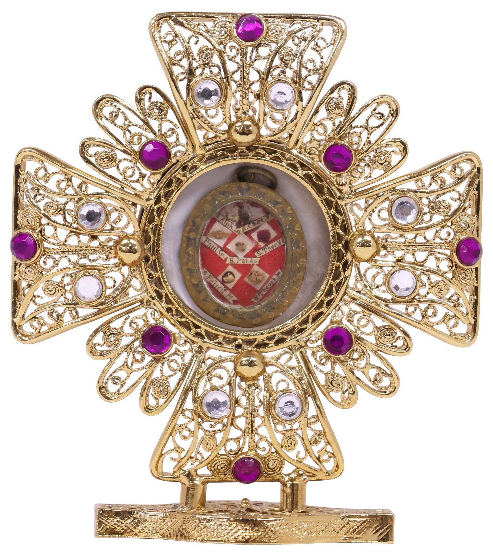 ENCRUSTED ALTAR RELIQUARY CONTAINING 1ST & 2ND-CLASS RELICS OF 7 SAINTS: Gold-tone metal theca reliquary, housing (seven) first and second-class relics of various saints, comprising Saints Alphonsus Liguori, Cecilia, Paul of the Cross, Peter the Apostle, Teresa of Avila, F
