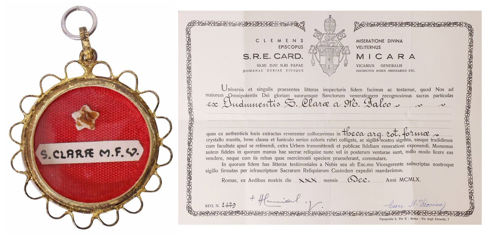 2ND-CLASS RELIC OF ST. CLAIR OF MONTEFALCO IN SILVER-GILT THECA RELIQUARY WITH COA (1 of 10)