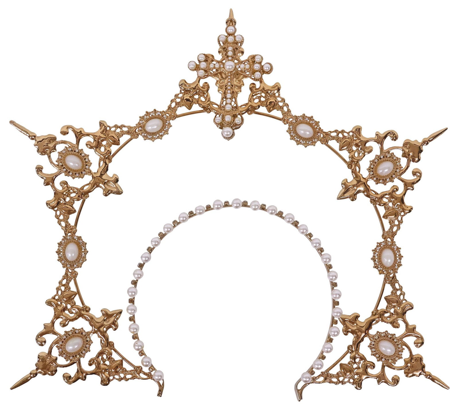 RELIGIOUS TWO-TIER ENCRUSTED GILT METAL STATUE CROWN: Large religious gilt metal statue crown, two-tier circular frame, with cross-form crest, flanked by two sets of tapering points, each above scrolled oval cartouche, encrusted with faux pearls and rhin