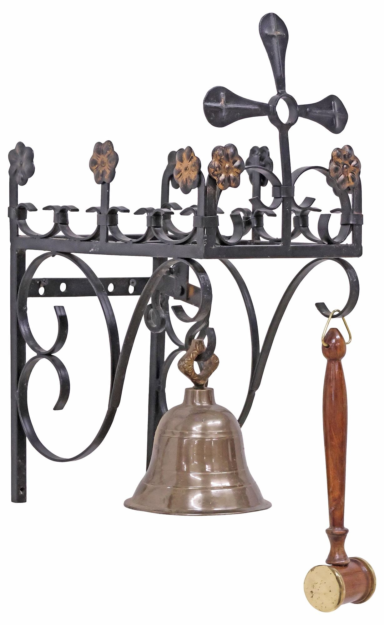 GOTHIC STYLE WALL-MOUNTED SACRISTY BRONZE BELL & MALLET (1 of 6)