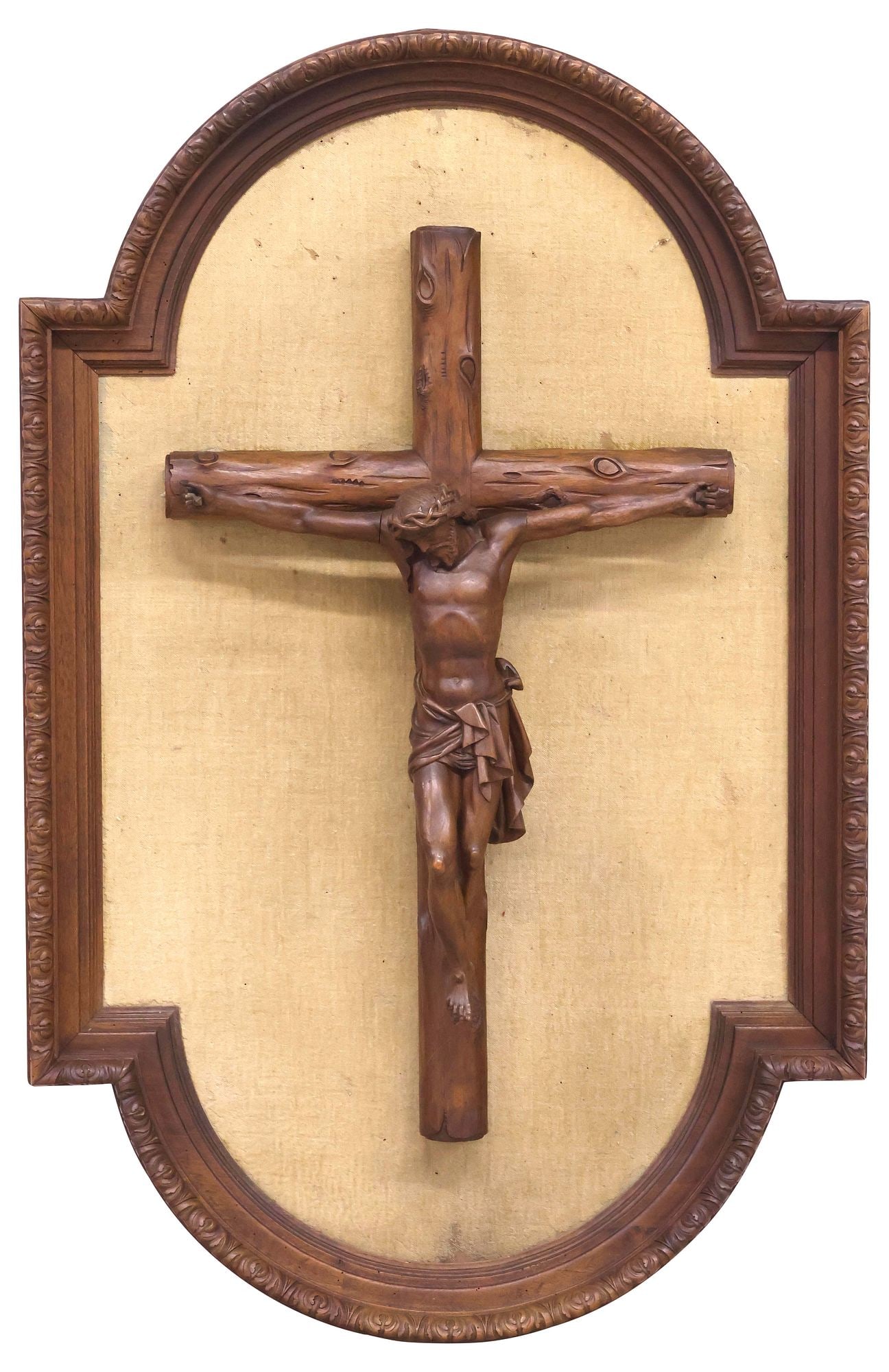 LARGE CONTINENTAL CARVED WALNUT CRUCIFIX IN UPHOLSTERED FRAME, 39"H (1 of 3)