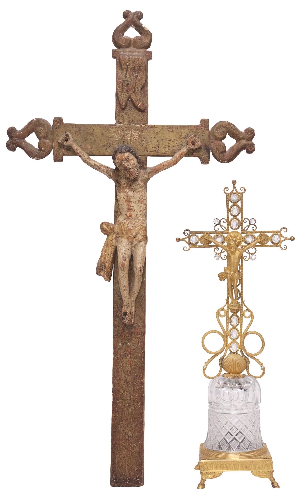 (2) CONTINENTAL PAINTED WOOD & GILT-METAL ECCLESIASTICAL CRUCIFIXES: (lot of 2) Continental ecclesiastical crucifixes, 19th c., including: (1) gilt-metal cross with inset rhinestones and serpentine terminals, rising on cut-glass base, and integral footed socle, class w