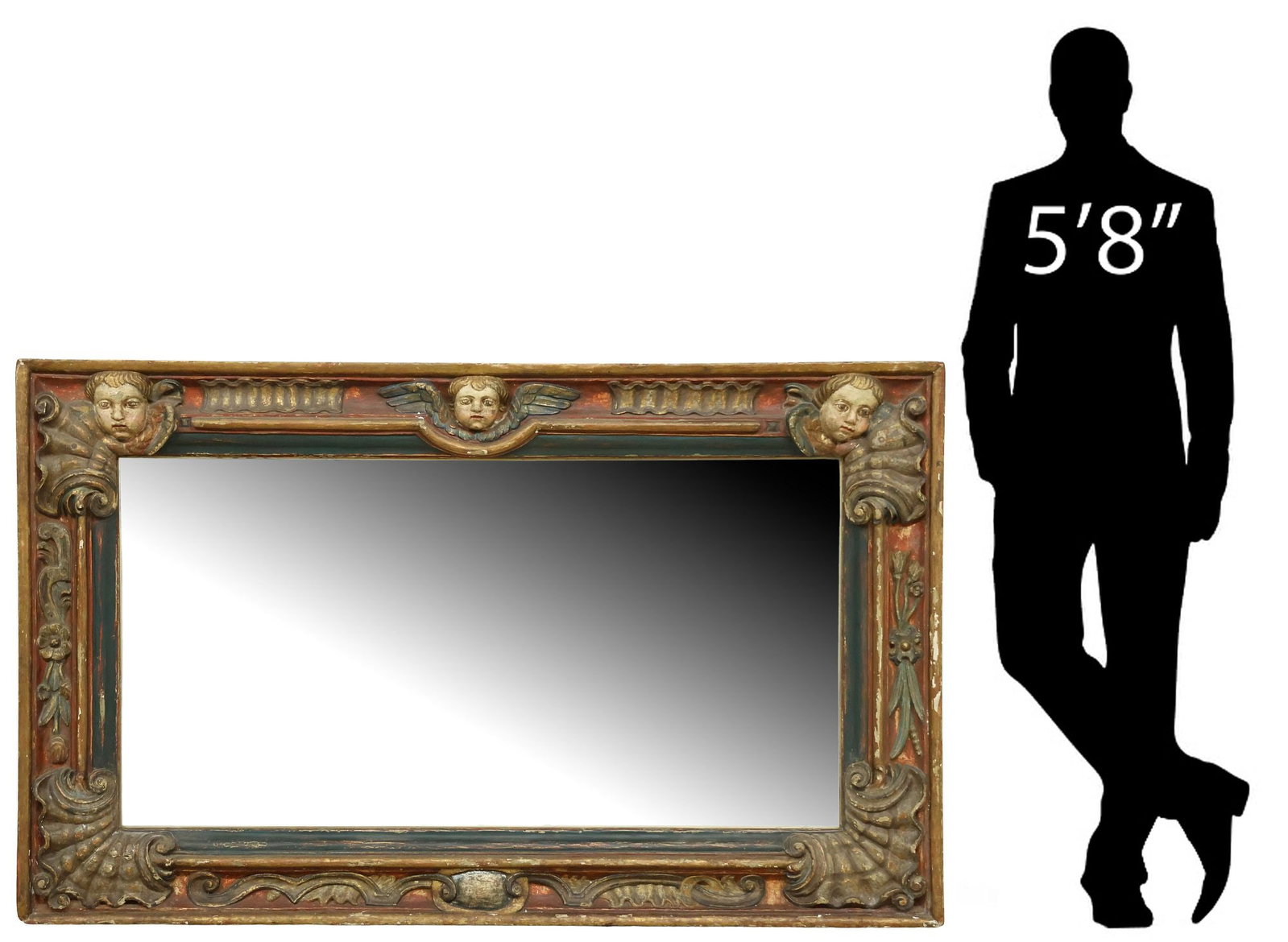 SPANISH BAROQUE PARCEL-GILT & PAINTED OVERMANTEL MIRROR, 42" X 69.25": Large Spanish Baroque overmantel mirror, 18th c. in a later polychrome-painted finish with parcel-gilt accents, gesso over carved wood frame with putti, florals, and scrollwork, encasing flat mirror p