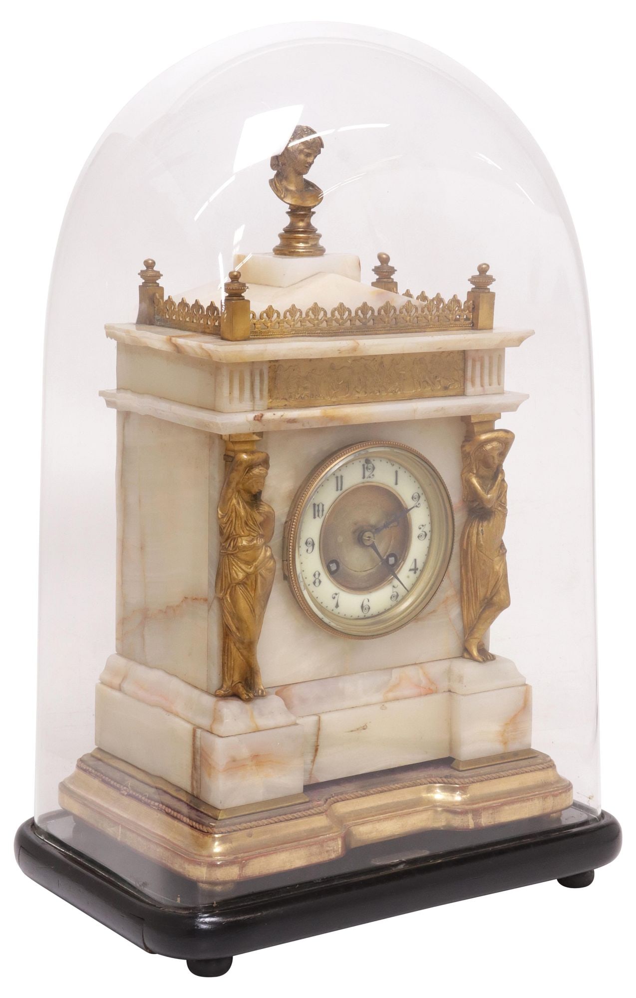 FRENCH NEOCLASSICAL STYLE ONYX & GILT-METAL MANTEL CLOCK IN CLOCHE (1 of 8)
