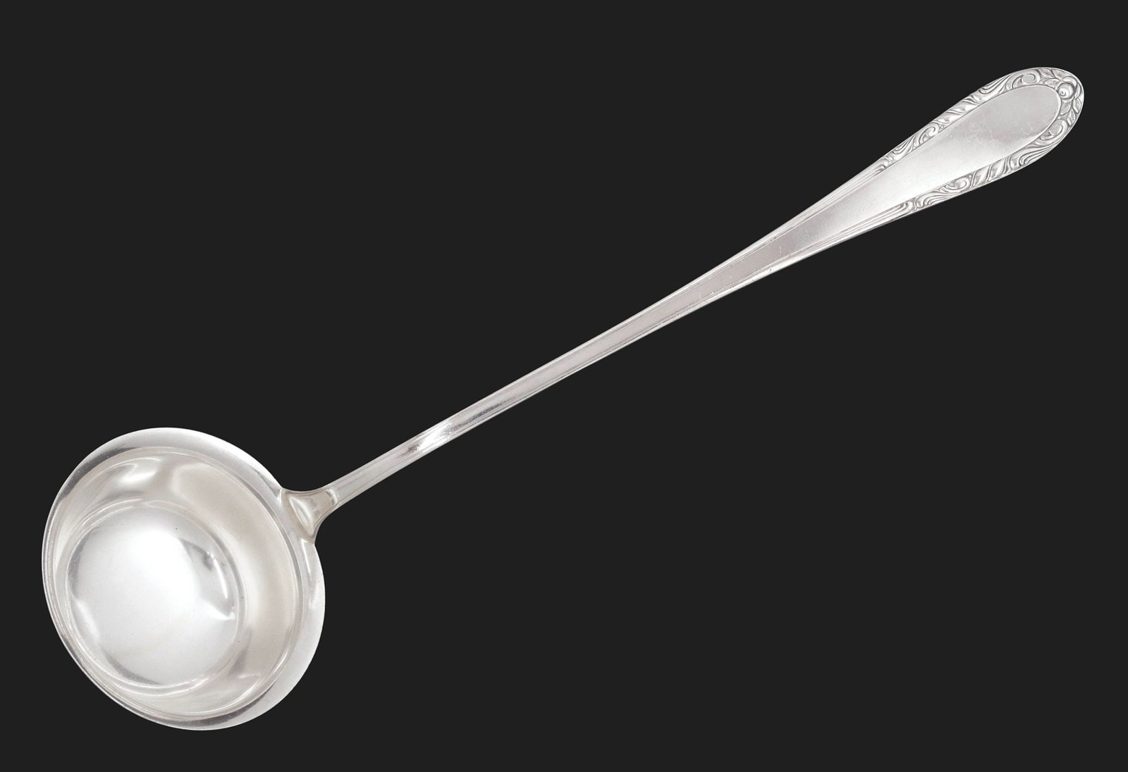 LARGE GERMAN LUTZ & WEISS .800 SILVER SOUP / SERVICE LADLE: German .800 silver service ladle, Lutz and Weiss, Pforzheim, deep bowl and on plain stem ending with stylized floral and scroll terminal, no observed monograms, hallmarked 800 with crescent moon and f