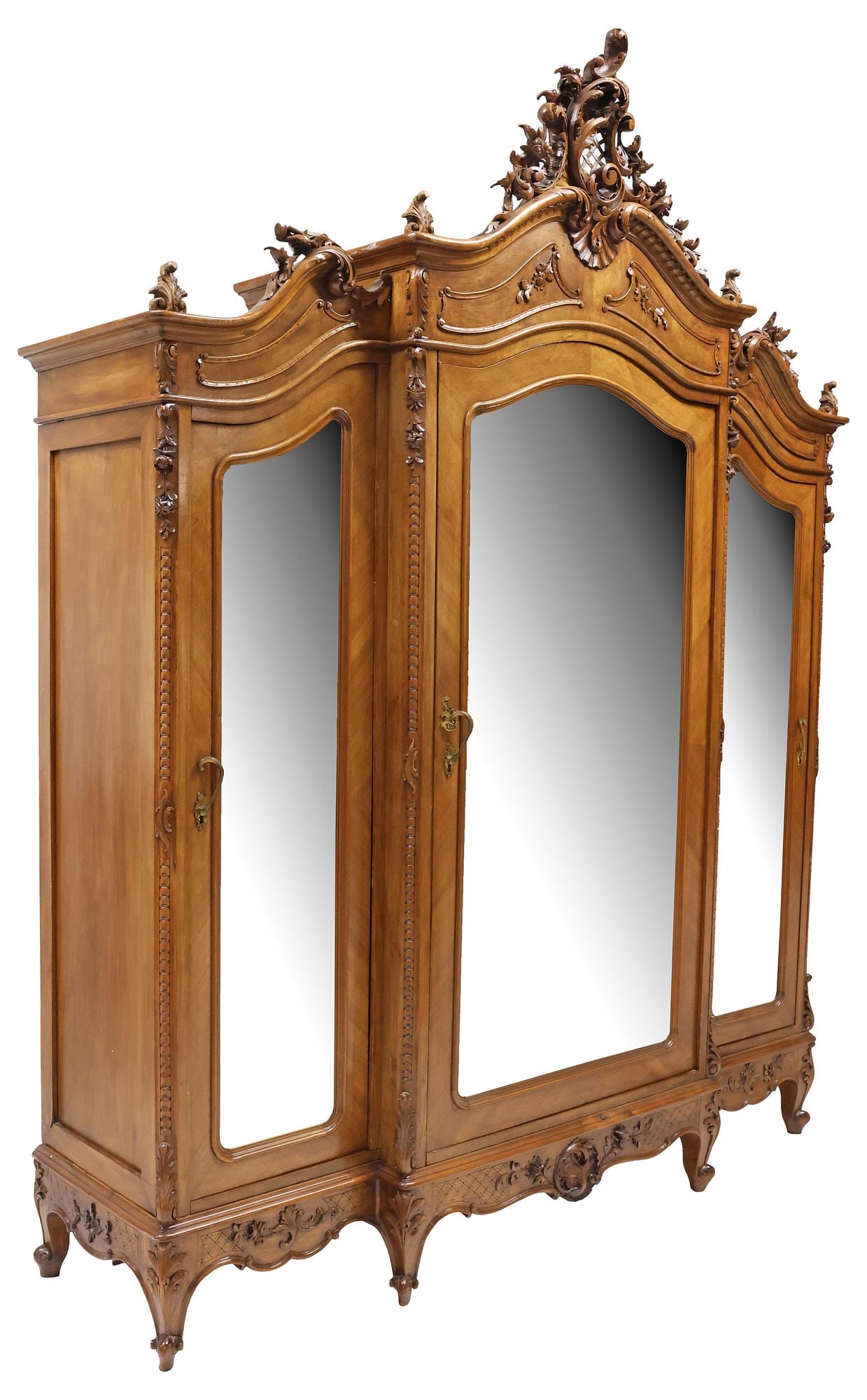 MONUMENTAL FRENCH LOUIS XV STYLE CARVED WALNUT MIRRORED ARMOIRE, 109.5"H (1 of 7)