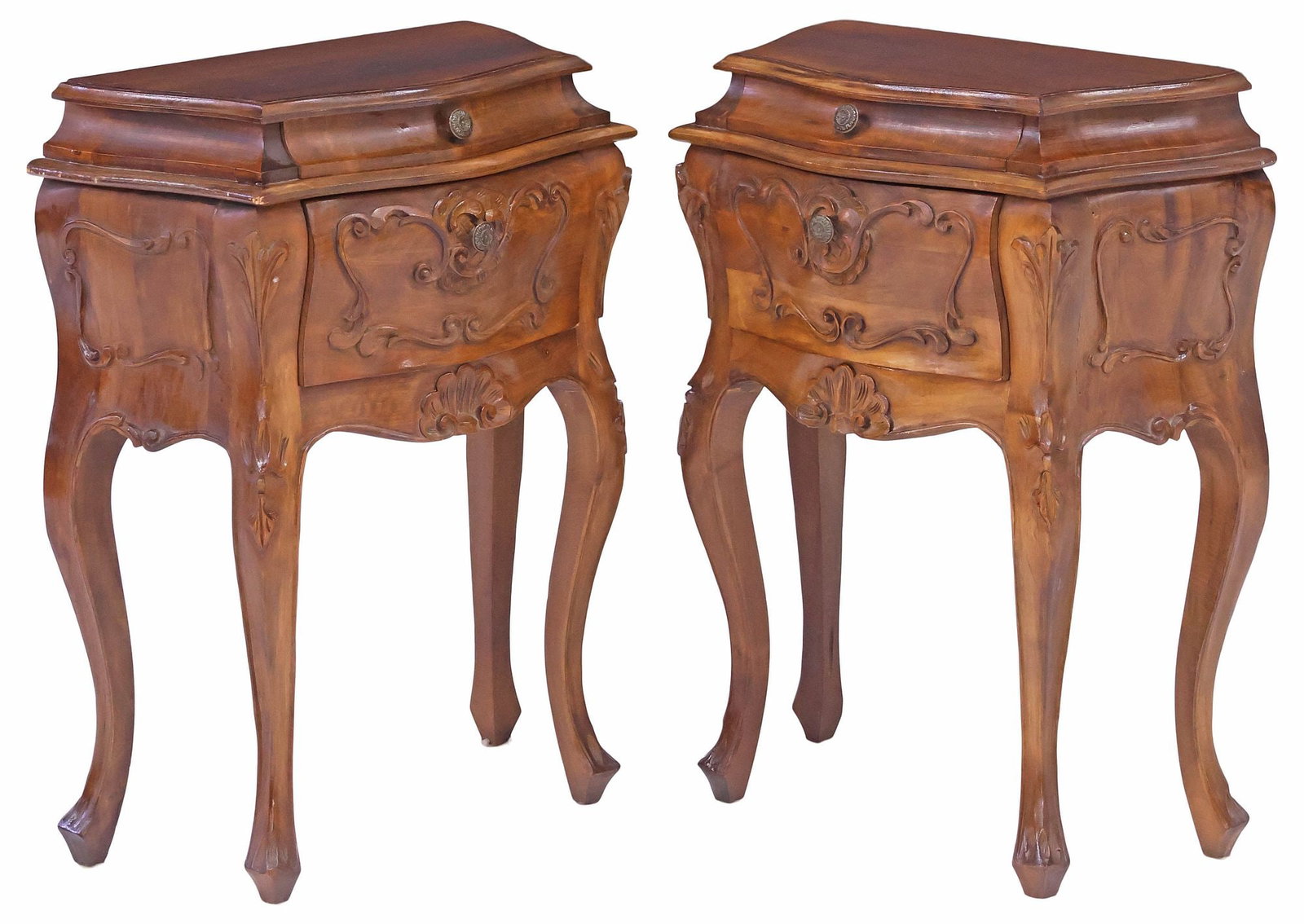 (2) LOUIS XV STYLE CARVED WALNUT BOMBE NIGHTSTANDS (1 of 5)