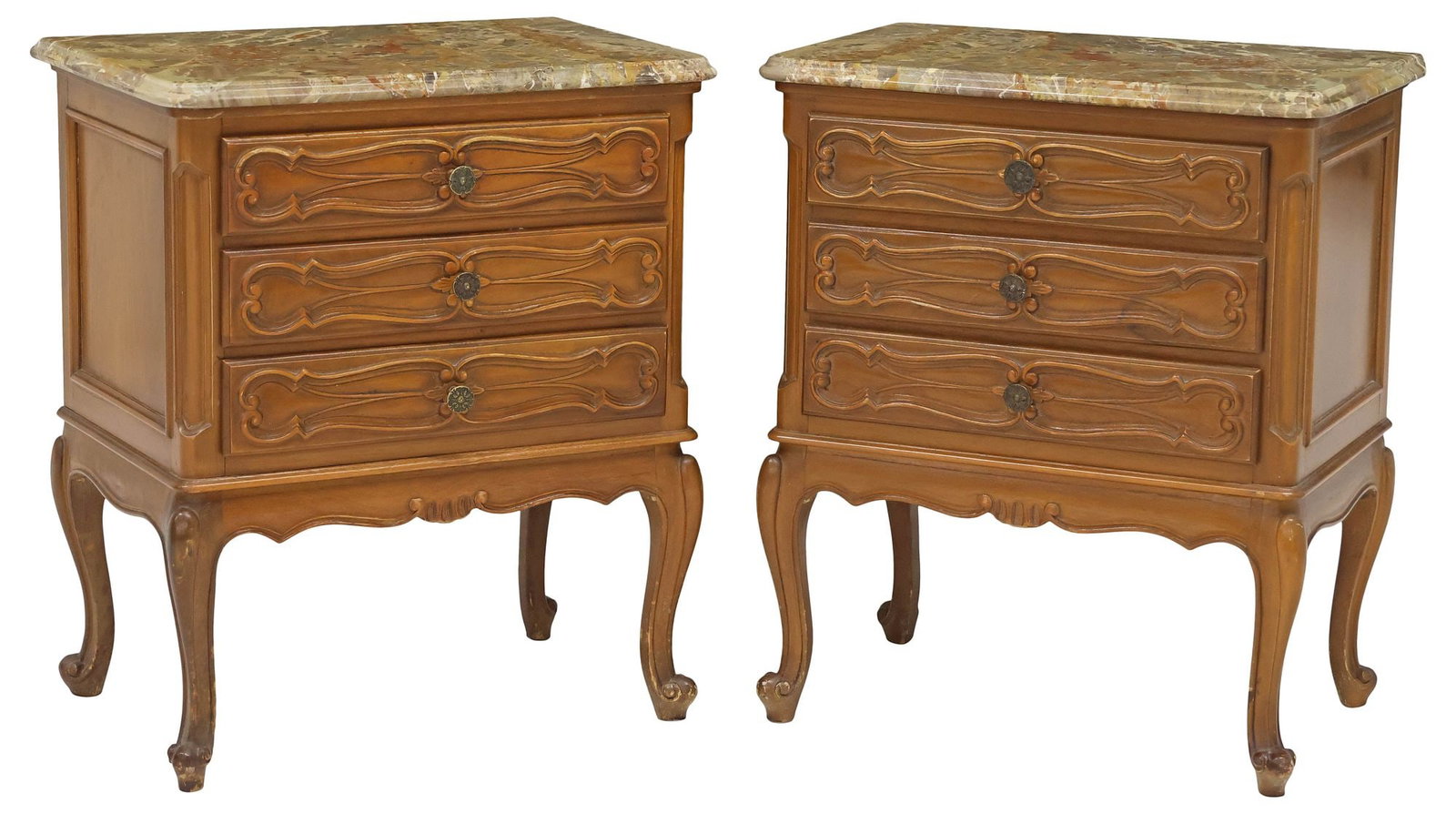 (2) FRENCH LOUIS XV STYLE MARBLE-TOP WALNUT NIGHTSTANDS: (pair) French Louis XV style carved walnut nightstands, 20th c., each having marble top, over three drawers, rising on cabriole legs and whorl feet, approx 24.5"h, 21"w, 14"d