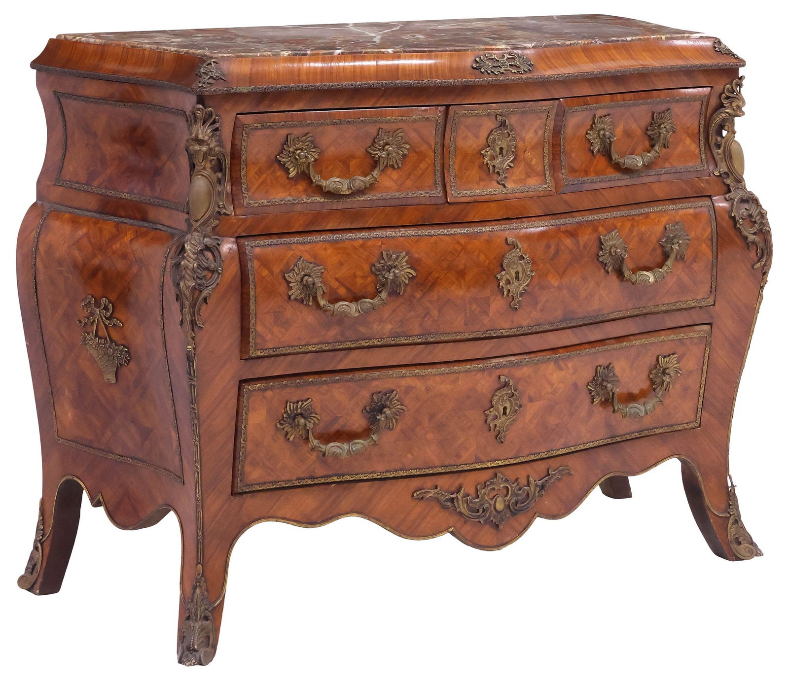 FRENCH LOUIS XV STYLE MARBLE-TOP PARQUETRY-INLAID BOMBE COMMODE (1 of 5)