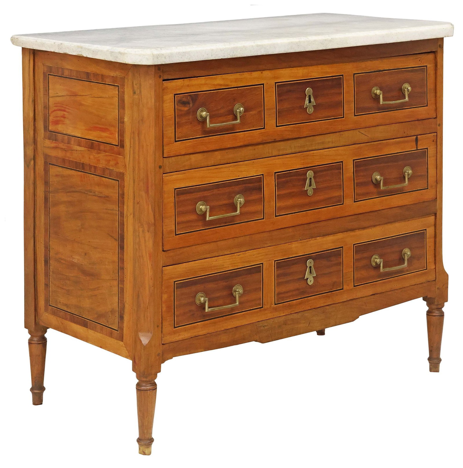 FRENCH LOUIS XVI STYLE MARBLE-TOP MAHOGANY COMMODE: French Louis XVI style mahogany commode, late 19th c., canted marble top, above three drawers with contrasting stringwork trim, rising on tapered legs and arrow feet, approx 34"h, 38.5"w, 19.5"d