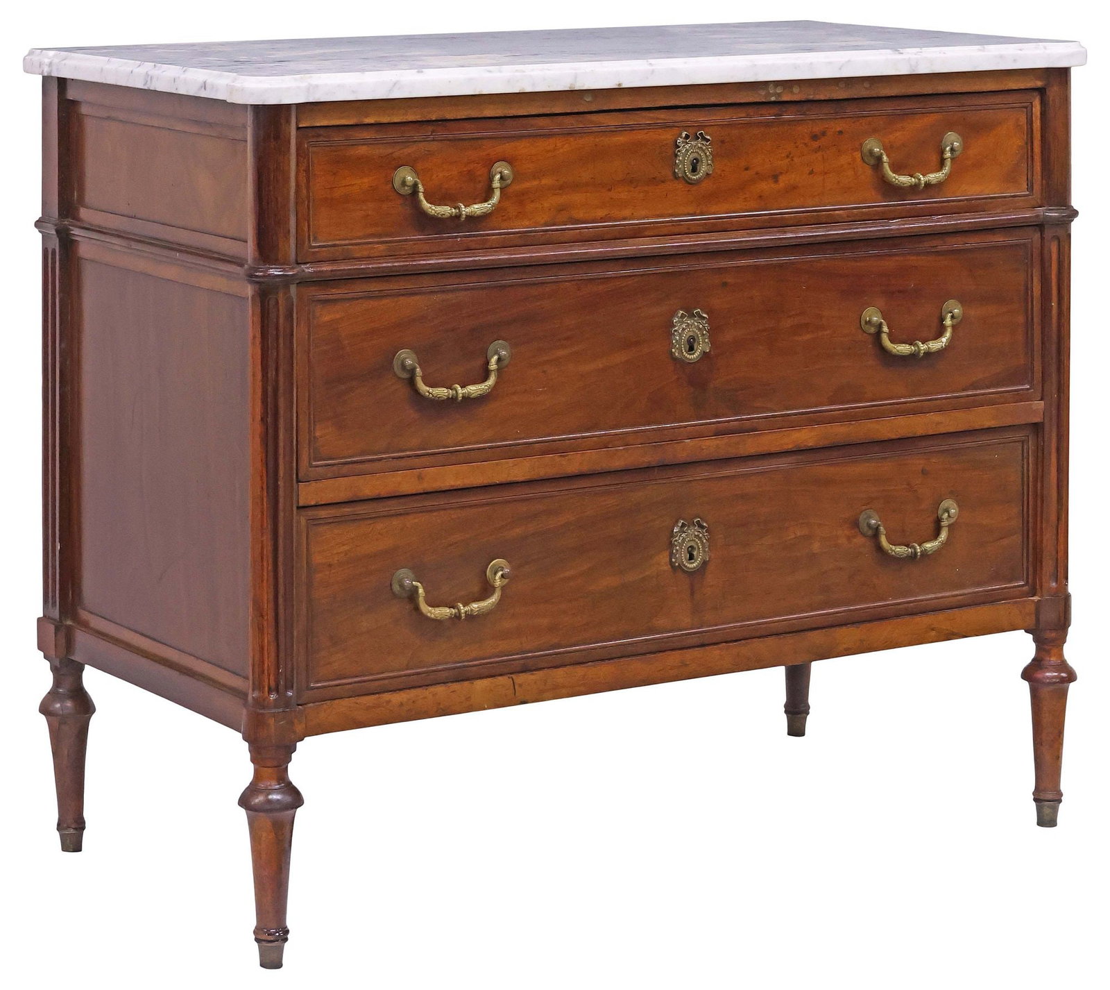 FRENCH LOUIS XVI STYLE MARBLE-TOP WALNUT COMMODE: French Louis XVI style walnut commode, 19th c., shaped marble top, above three paneled drawers, flanked by fluted corner posts, tapered legs ending on brass cap feet, approx 32"h, 38.25"w, 19.5"d