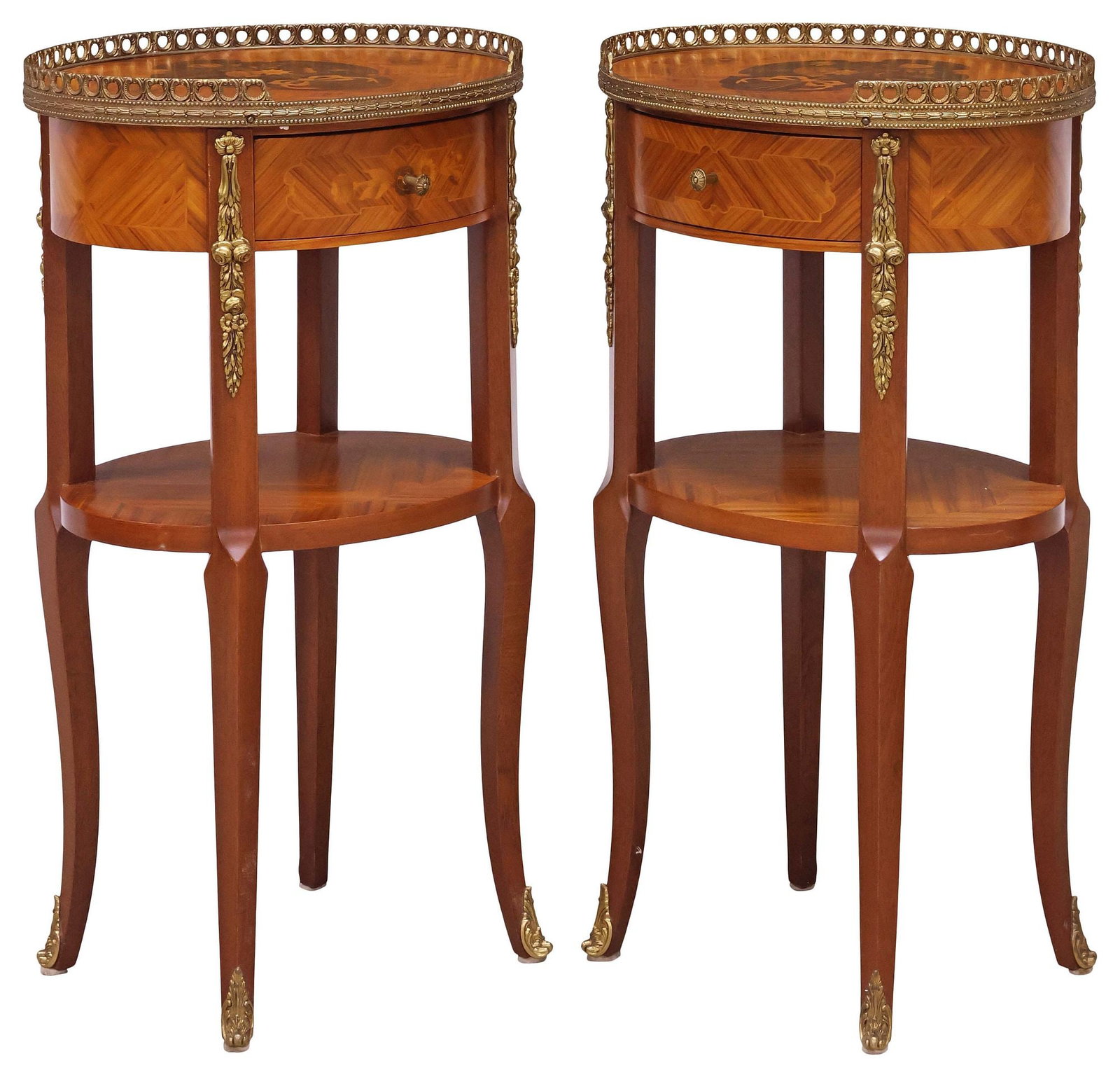 (2) FRENCH LOUIS XV STYLE MARQUETRY-INLAID OVAL NIGHTSTANDS: (pair) French Louis XV style matched veneer oval nightstands, 20th c., each top with floral marquetry spray and pierced gilt-metal three-quarter gallery, above single drawer opening to both front and 