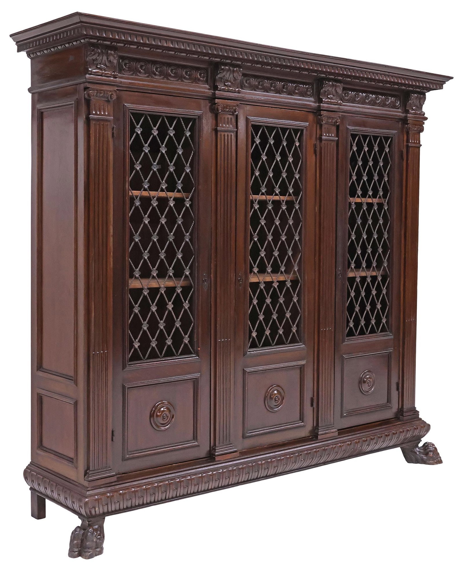 ITALIAN RENAISSANCE REVIVAL CARVED WALNUT & WROUGHT IRON BOOKCASE (1 of 6)