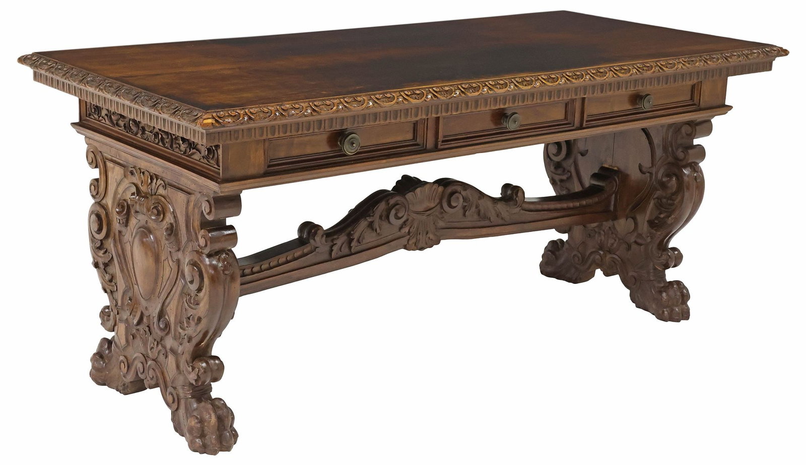 ITALIAN RENAISSANCE REVIVAL CARVED WALNUT WRITING TABLE, 71.25"L (1 of 7)