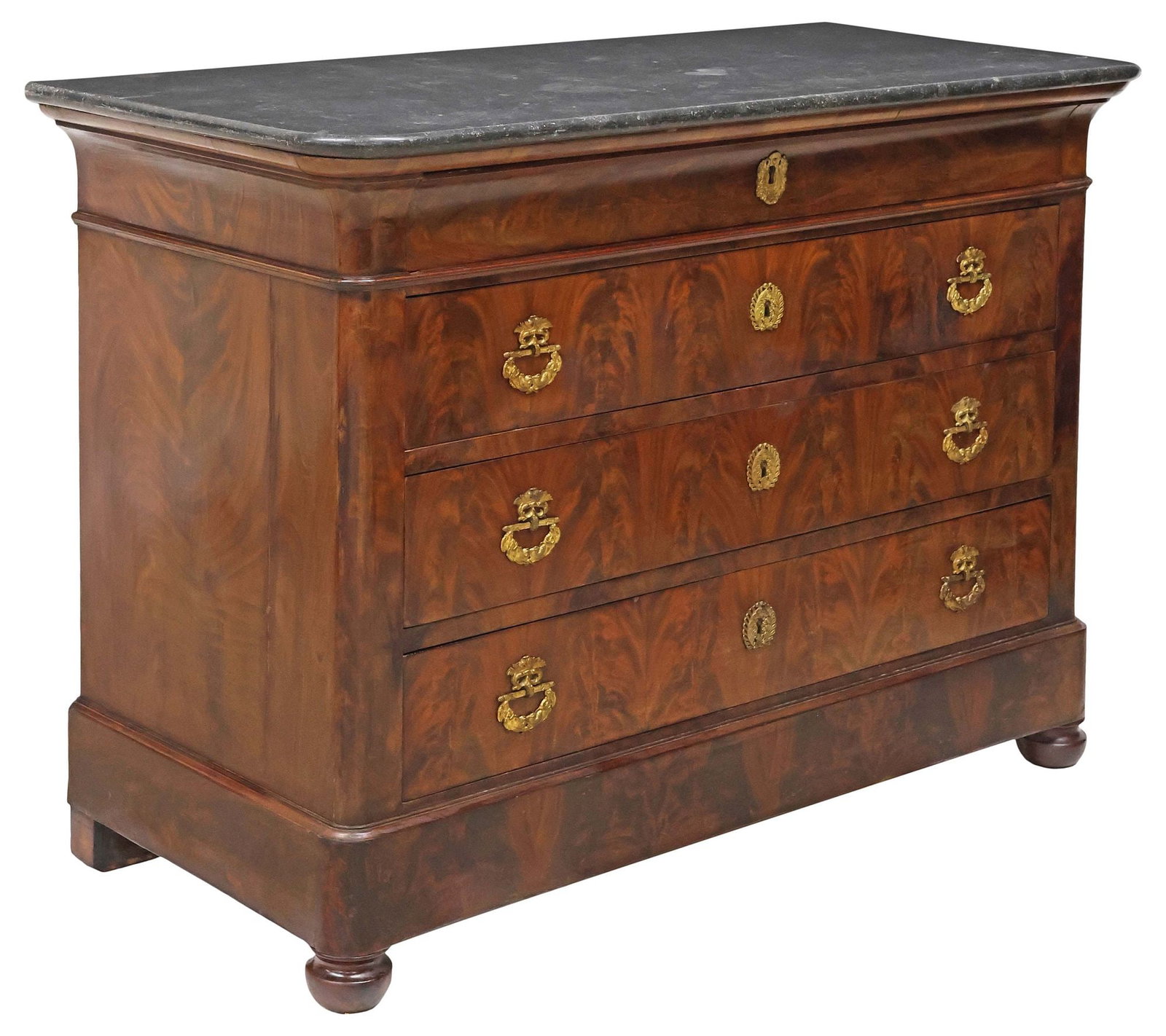 FRENCH LOUIS PHILIPPE MARBLE-TOP FLAME MAHOGANY COMMODE (1 of 5)