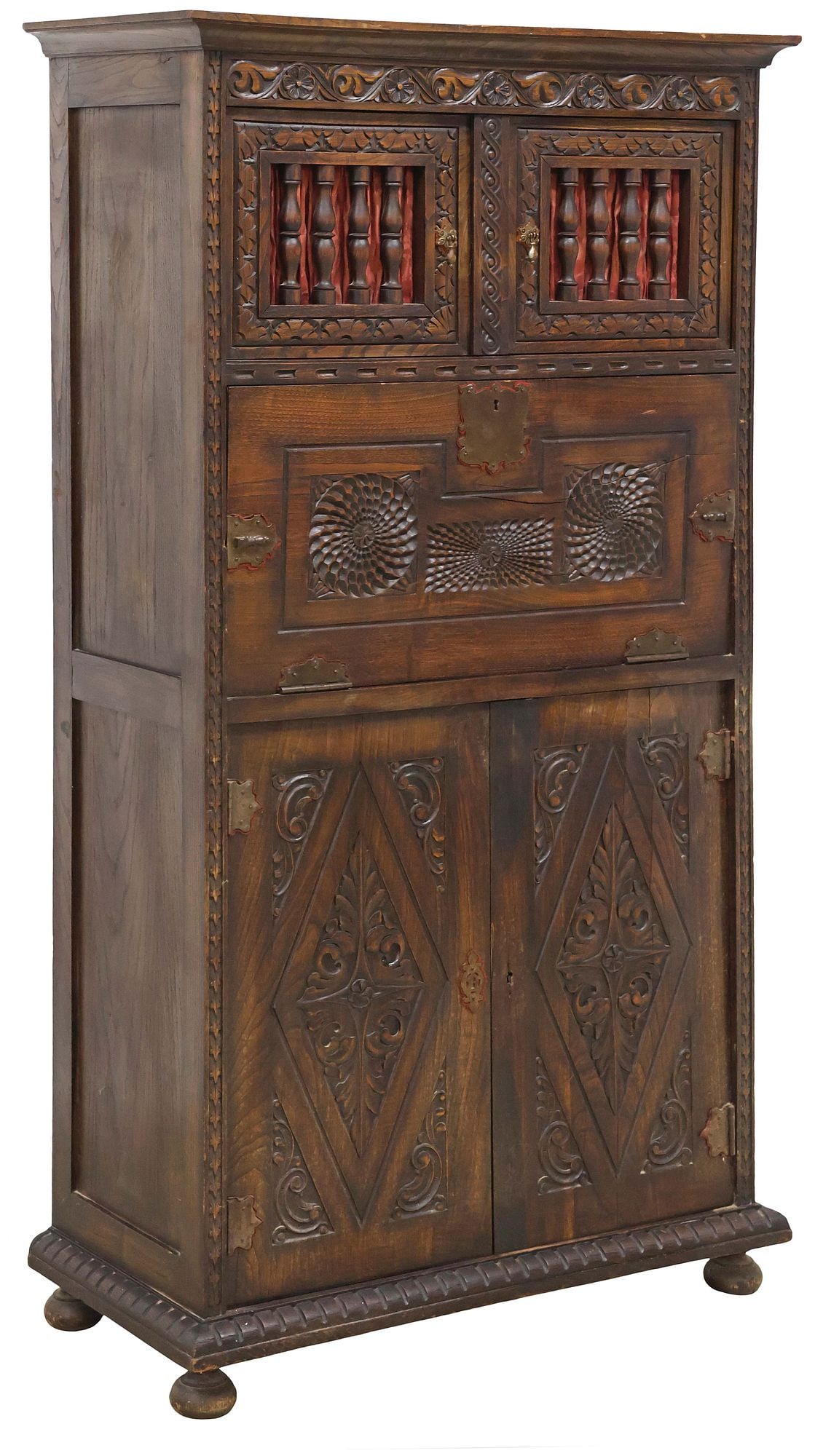 SPANISH BAROQUE STYLE CARVED OAK FALL-FRONT SECRETARY CABINET (1 of 9)