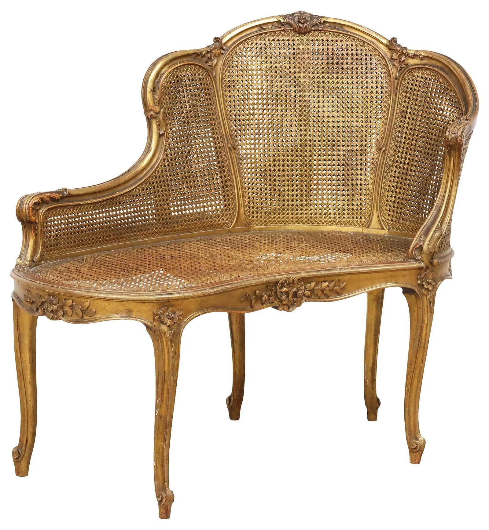 FRENCH LOUIS XV STYLE CANED GILTWOOD PETITE CHAISE LOUNGE: French Louis XV style giltwood petite chaise lounge, early 20th c., caned back and seat, rising on cabriole legs, ending on whorl feet, approx 32.5"h, 33"w, 22"d, seat height: approx 15.75"h