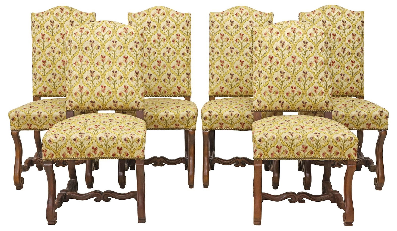 (6) FRENCH LOUIS XIV STYLE UPHOLSTERED WALNUT DINING CHAIRS: (lot of 6) French Louis XIV style walnut highback dining chairs, early 20th c., padded backs and seats in a floral patterned upholstery, with nail-head trim, on stretcher-joined volute supports, appro