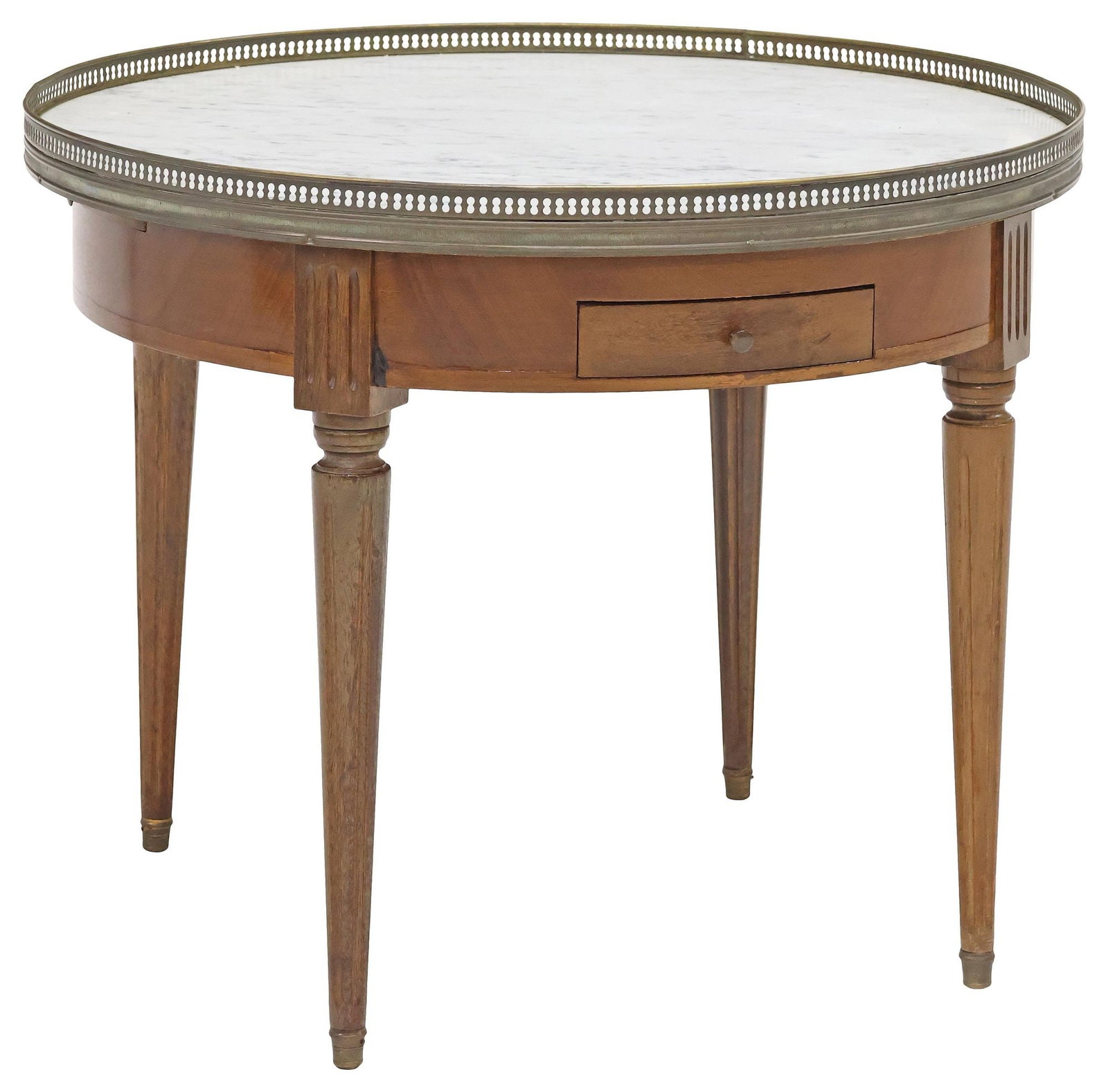 FRENCH LOUIS XVI STYLE MARBLE-INSET WALNUT BOUILLOTTE TABLE: French Louis XVI style walnut bouillotte table, 20th c., inset circular marble top, with pierced gilt-metal gallery, apron fitted with two leather-inset slides, and two drawers, on tapering fluted leg