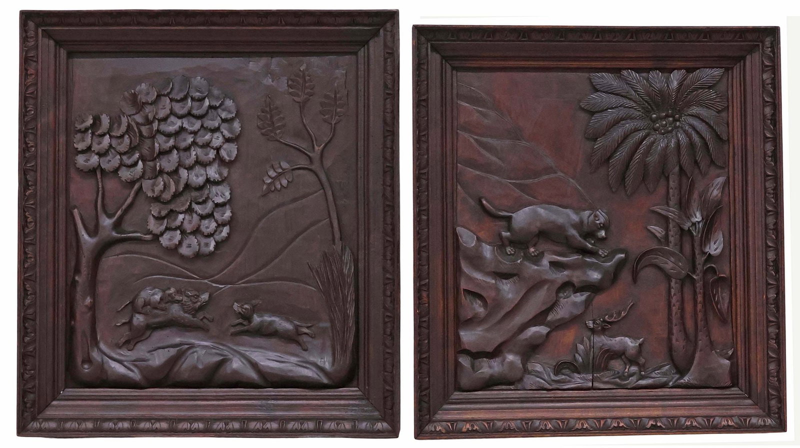 (2) FRENCH CARVED WOOD RELIEF PANELS, ANIMAL HUNT SCENES & TROPICAL FOLIAGE (1 of 4)